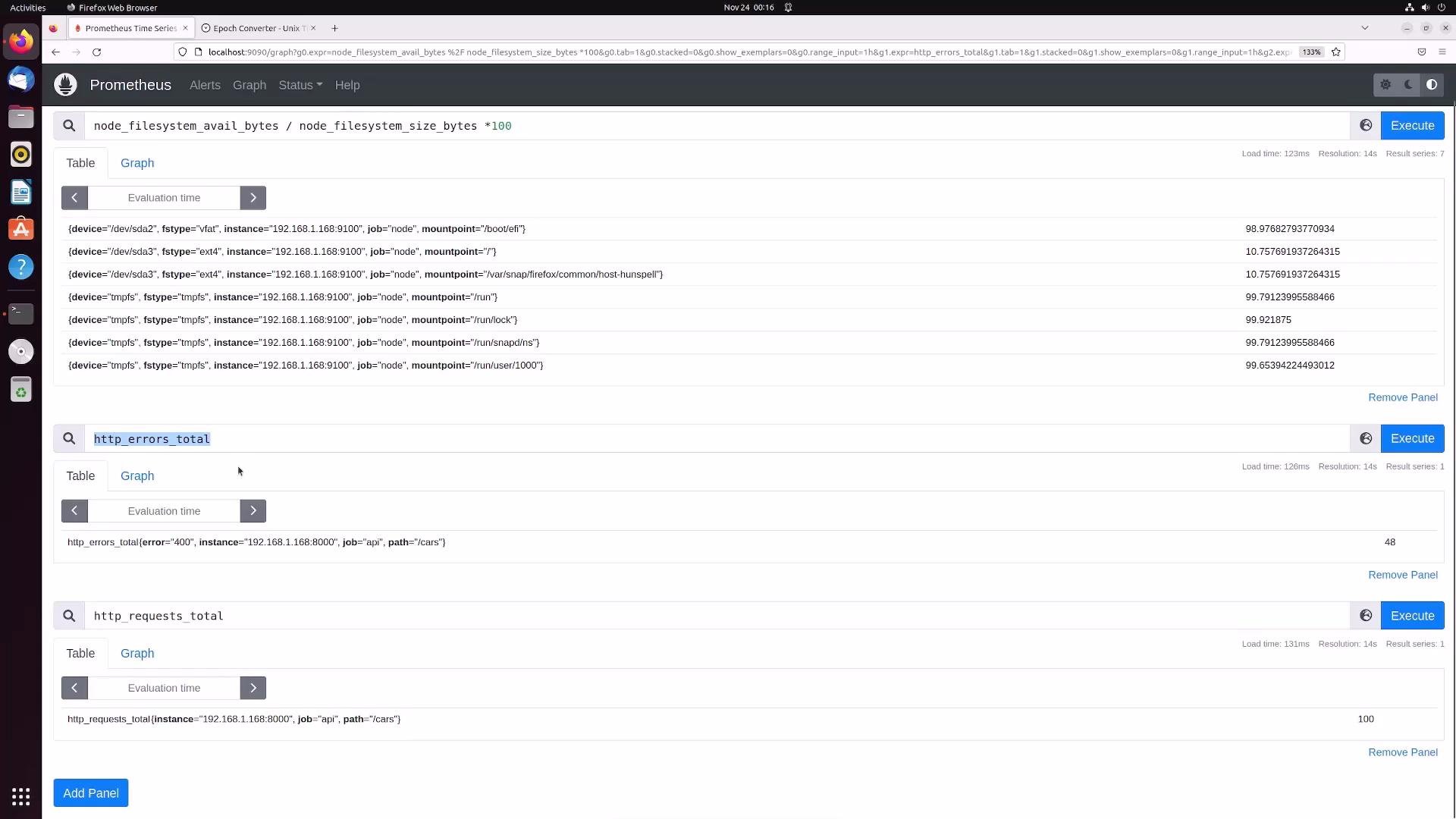 The image shows a Prometheus monitoring dashboard displaying file system metrics and HTTP requests with data in a tabular format. It includes queries for file system usage and HTTP error totals.