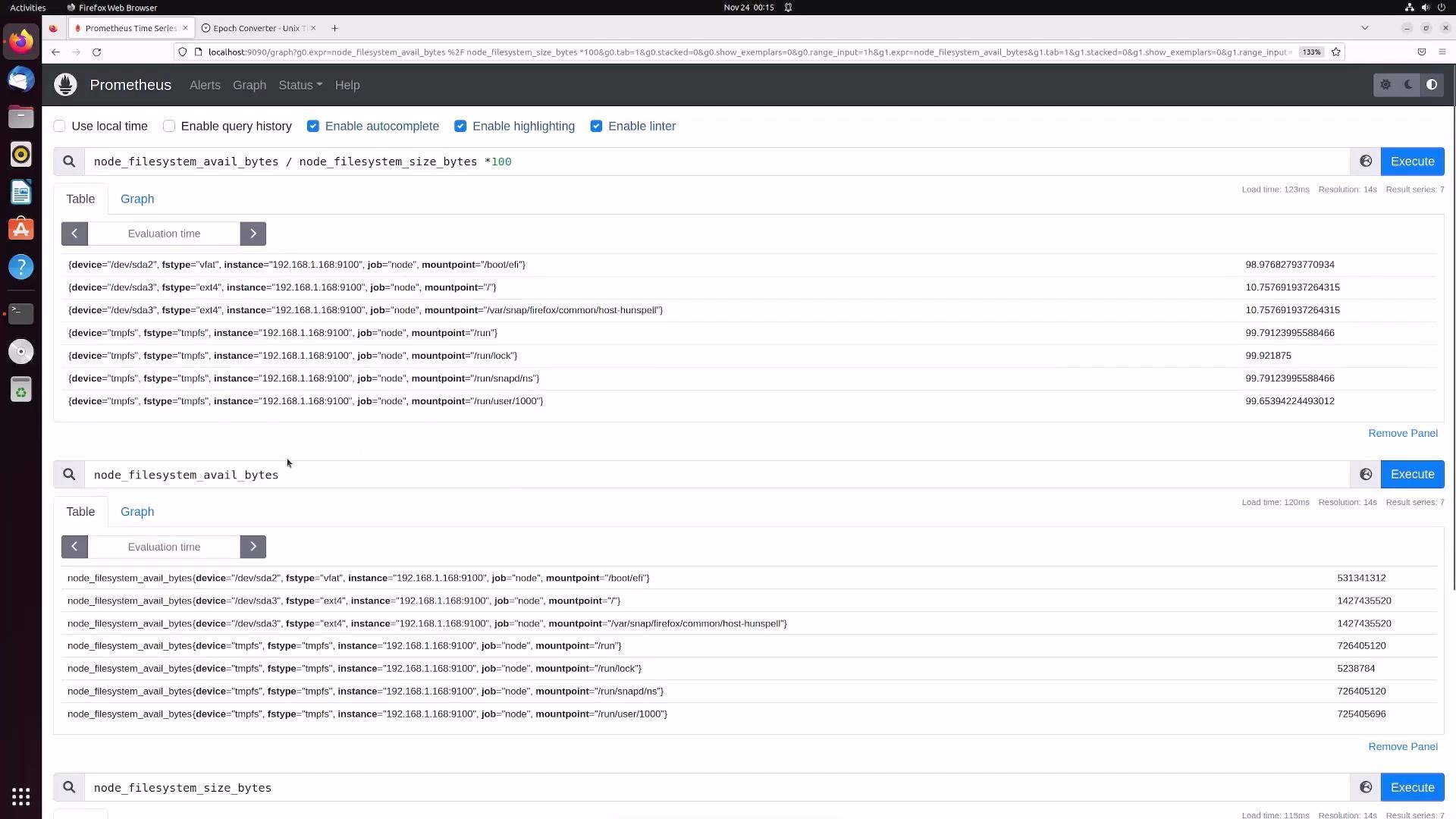 The image shows a Prometheus web interface displaying query results for file system usage metrics, including the percentage of available bytes and specific device details. It includes tables with metric names, device instances, and mount points.
