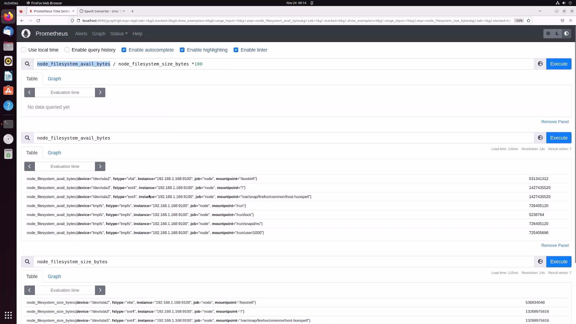 The image shows a Prometheus web interface displaying queries for filesystem metrics, specifically node_filesystem_avail_bytes and node_filesystem_size_bytes, with data in a tabular format.