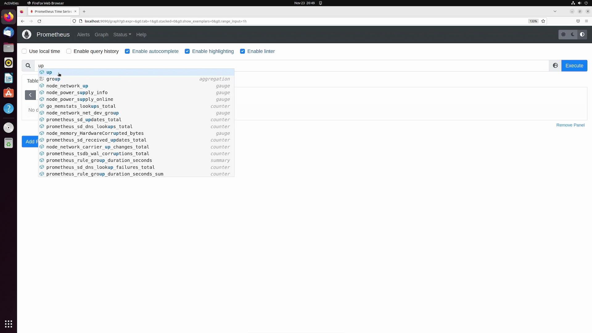 The image shows the Prometheus time series database interface on a web browser, with a search bar suggesting metric names related to "up".