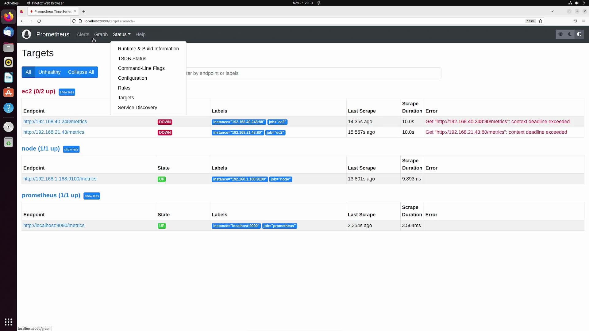 The image shows a Prometheus web interface displaying the status of various endpoints, with some marked as "DOWN" and others as "UP". It highlights scrape errors for two "ec2" endpoints and a proper connection for "node" and "prometheus".