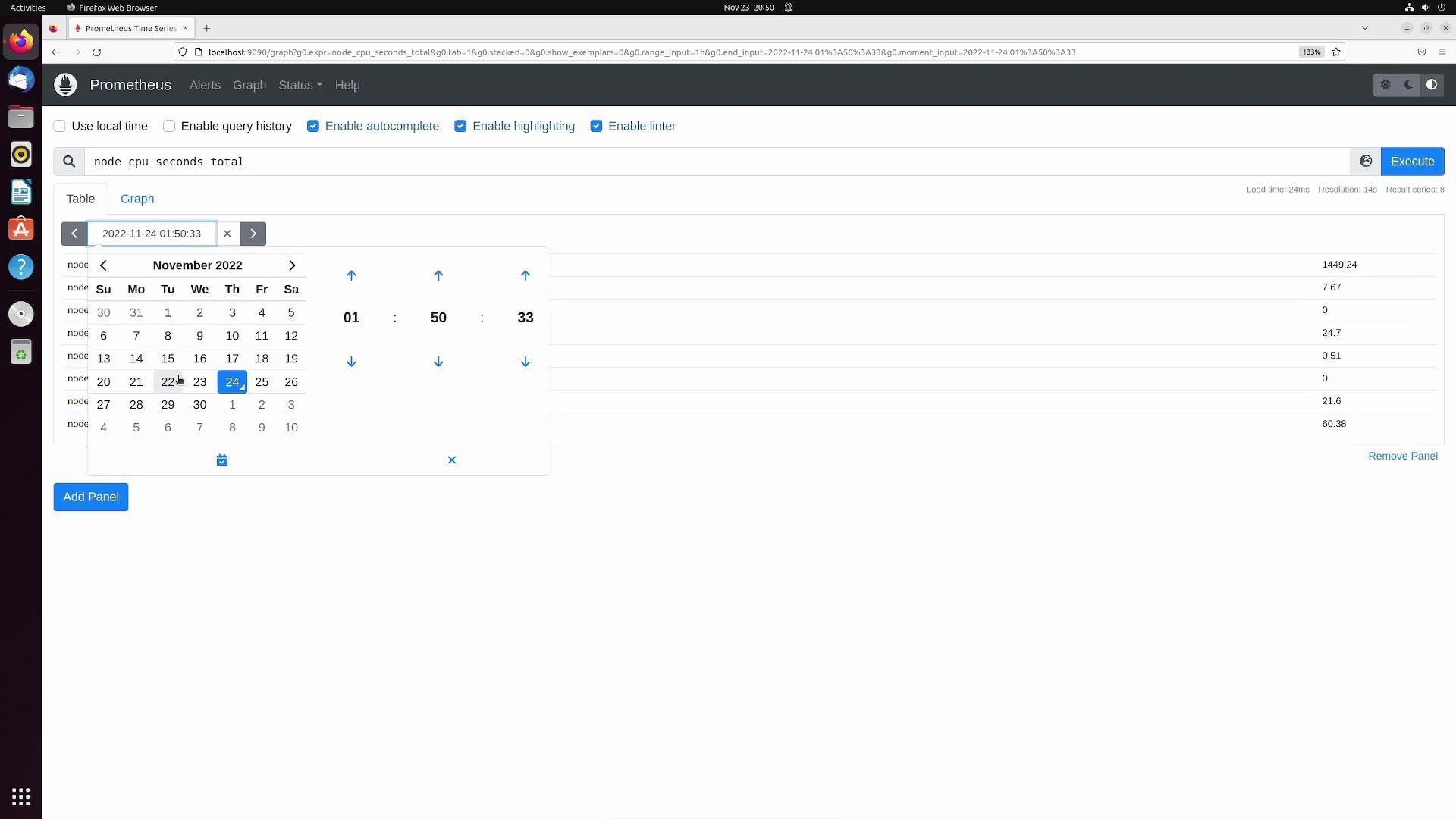 The image shows a Prometheus web interface on Firefox running on Ubuntu, displaying a data query with a calendar and time selection tool. The interface includes options like "Enable autocomplete" and displays CPU seconds for different nodes.