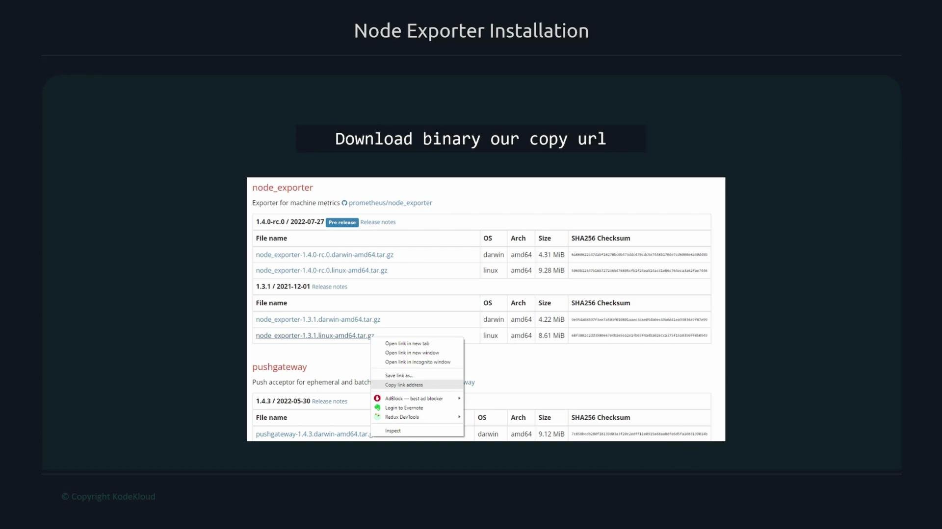 The image shows instructions for installing Node Exporter with a section of downloadable binaries for different operating systems and architectures. It includes a menu option for copying the URL.
