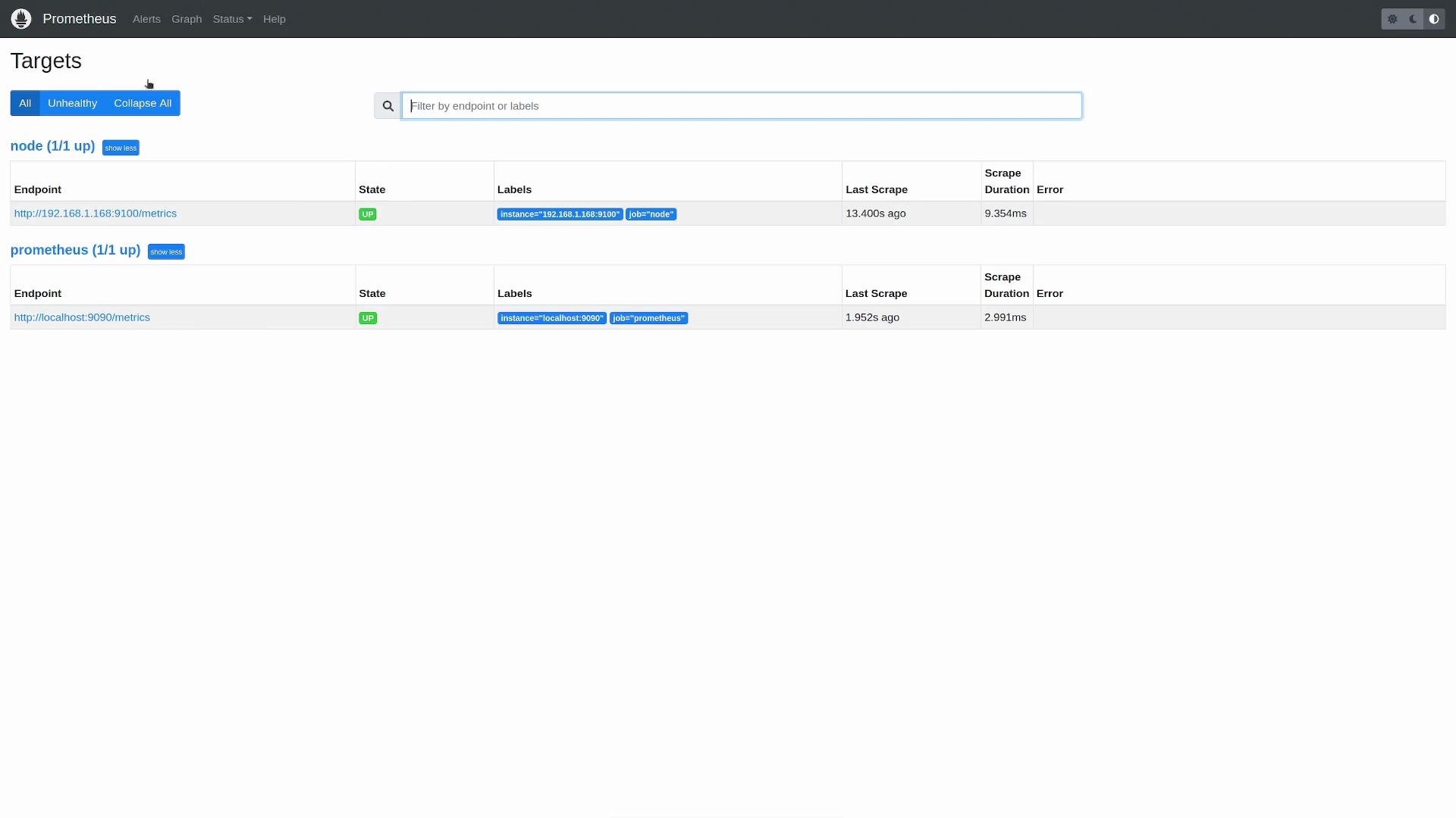 The image shows a Prometheus monitoring dashboard with two targets labeled "node" and "prometheus." Both targets are in an "UP" state, indicating successful data scraping.