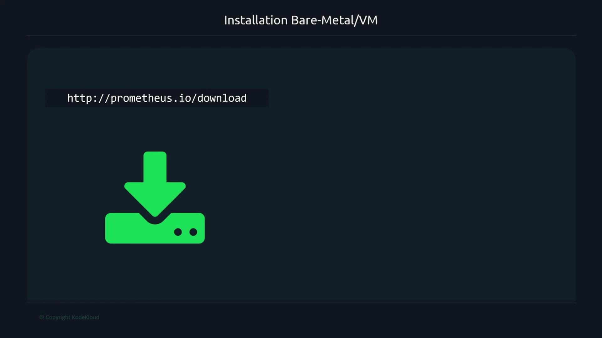 The image shows an installation instruction for Bare-Metal/VM with a download link for Prometheus and a download icon.