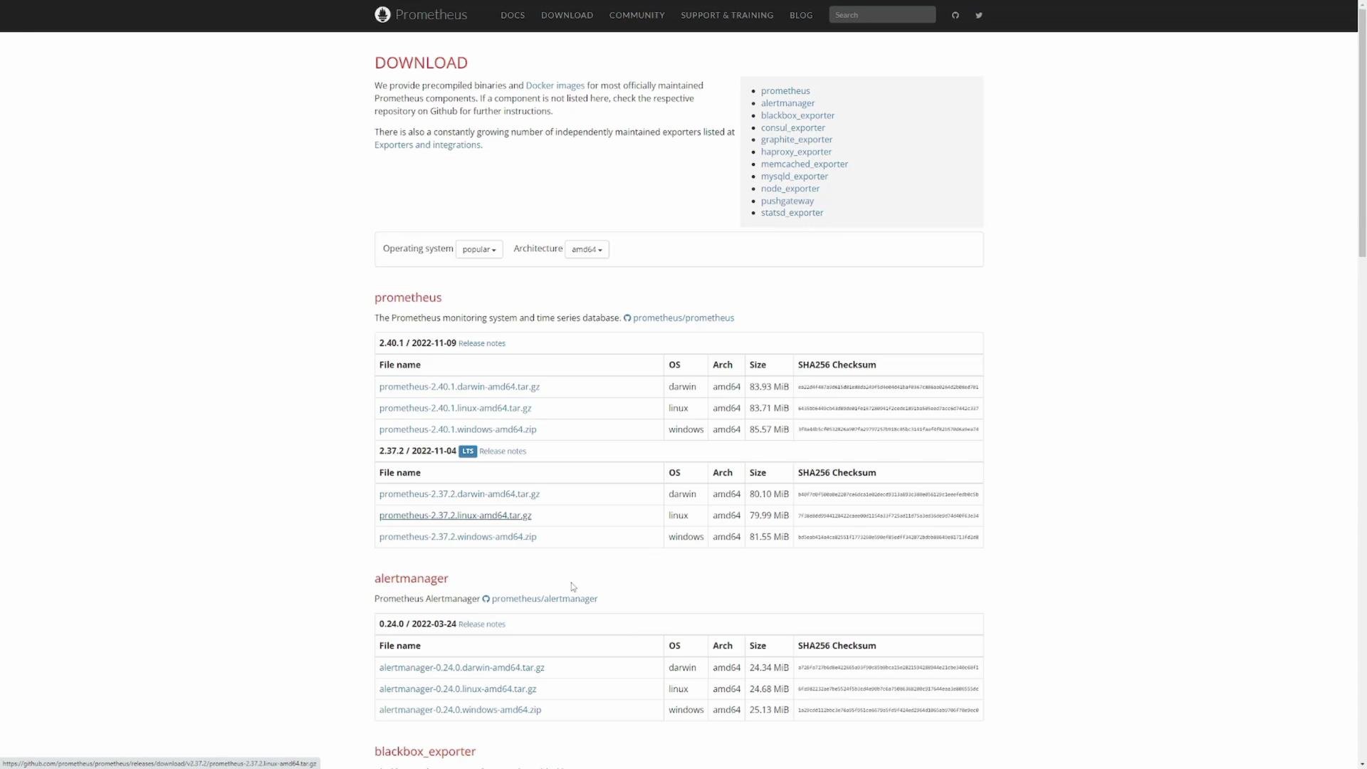 The image shows a download page for Prometheus, listing precompiled binaries for different operating systems and architectures. It includes versions, file sizes, and SHA256 checksums for Prometheus components like alertmanager and others.
