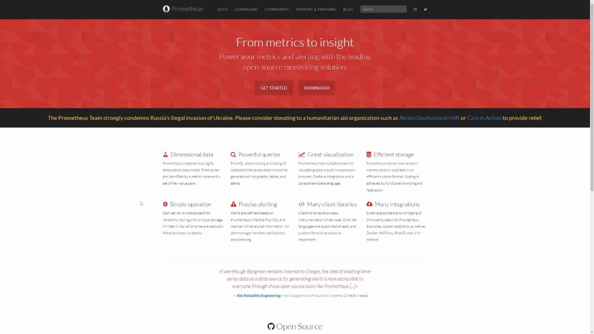 The image is a screenshot of the Prometheus website, featuring information about their open-source monitoring solution and a statement condemning Russia's invasion of Ukraine.