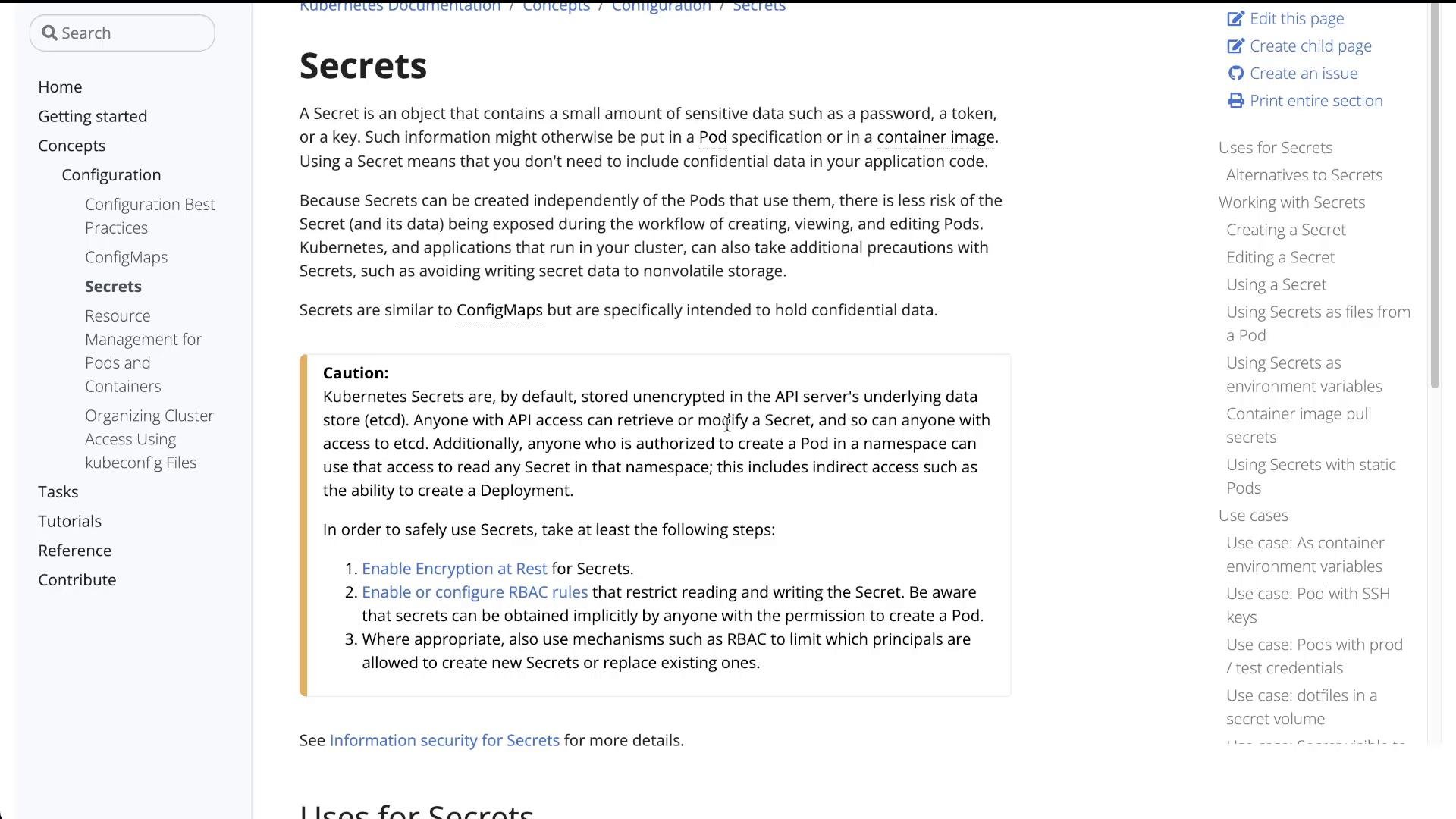 A screenshot of a documentation page titled "Secrets" (Kubernetes), describing what a Secret is and how it's used. The page includes a highlighted "Caution" box warning that Secrets are stored unencrypted by default and lists recommended safety steps.