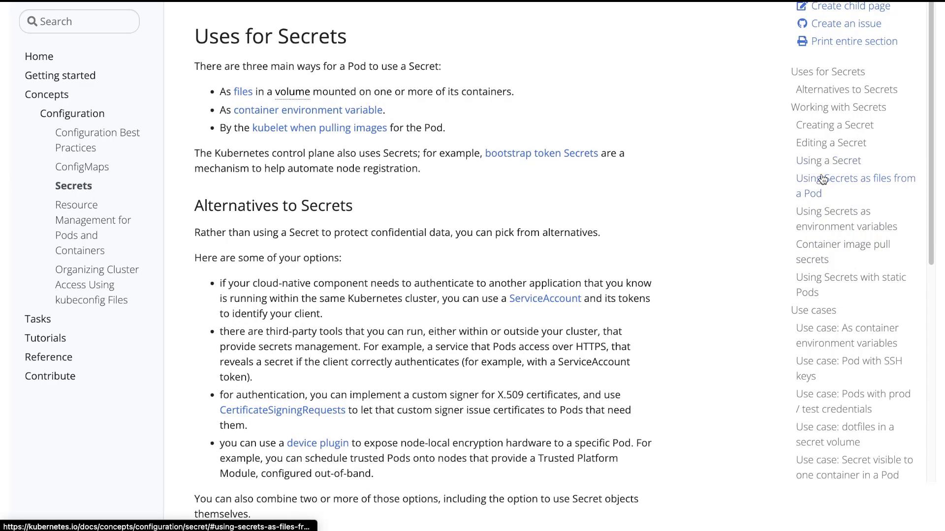 A screenshot of a documentation webpage (Kubernetes) showing the headings "Uses for Secrets" and "Alternatives to Secrets" with explanatory bullet points and navigation menus on the left and right.