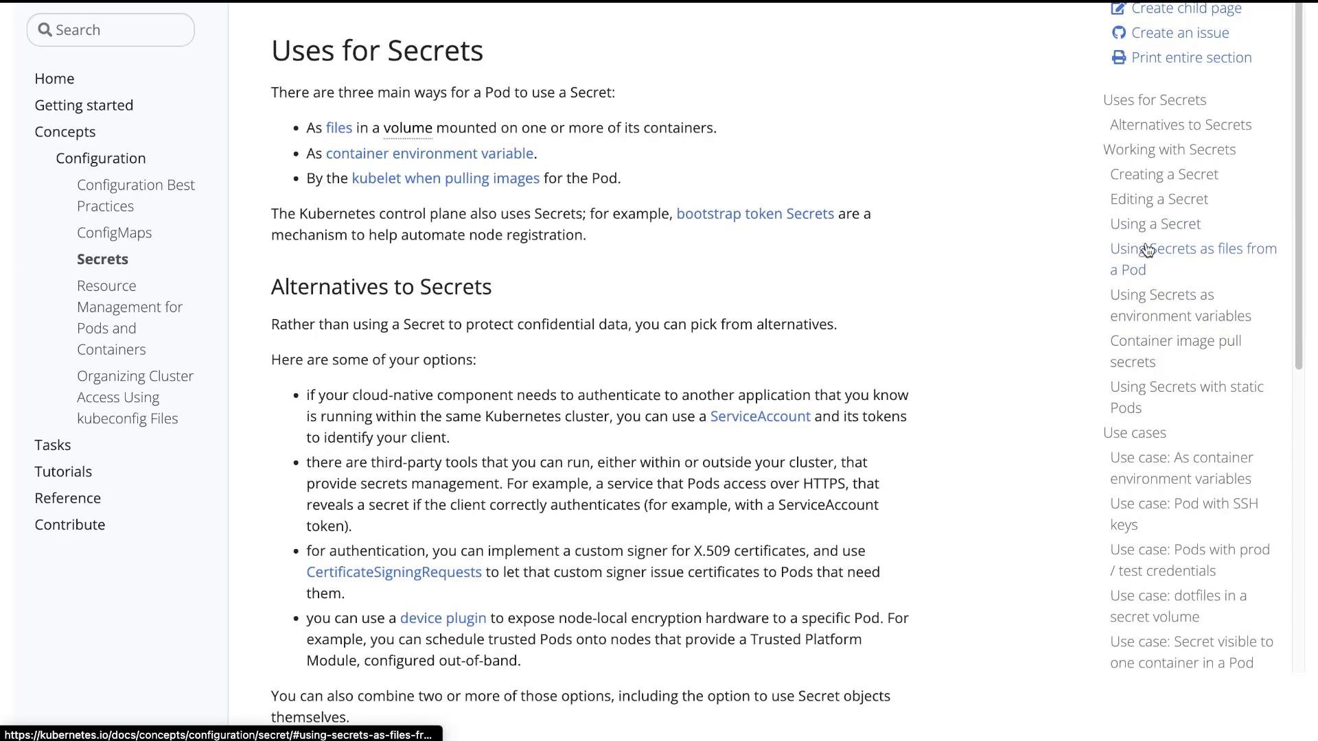 A screenshot of a documentation webpage (Kubernetes) showing the headings "Uses for Secrets" and "Alternatives to Secrets" with explanatory bullet points and navigation menus on the left and right.