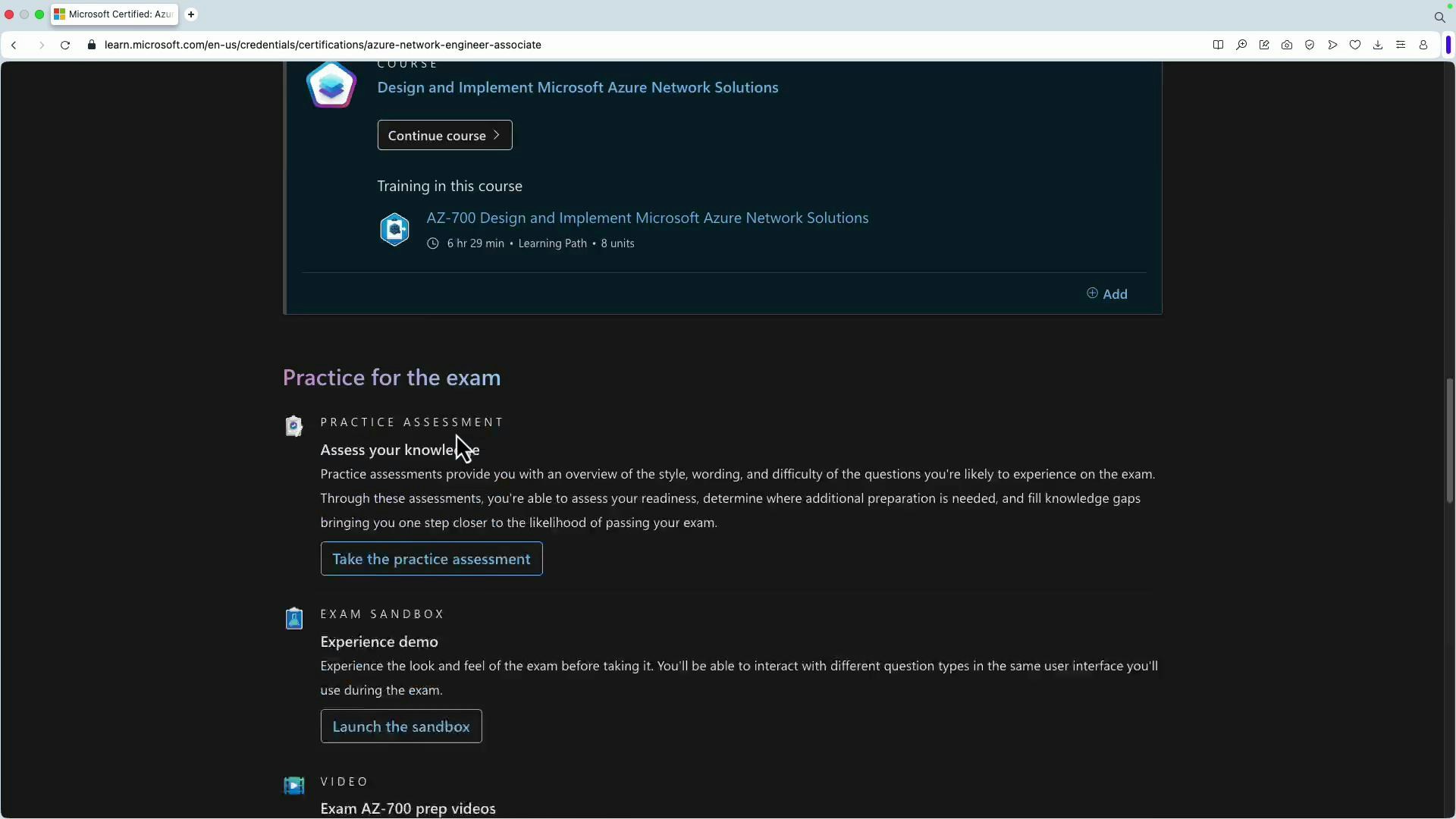 A screenshot of a Microsoft Learn page titled "Practice for the exam" for an Azure certification, showing sections for a practice assessment and an exam sandbox. It includes buttons labeled "Take the practice assessment" and "Launch the sandbox" and mentions the AZ-700 course.