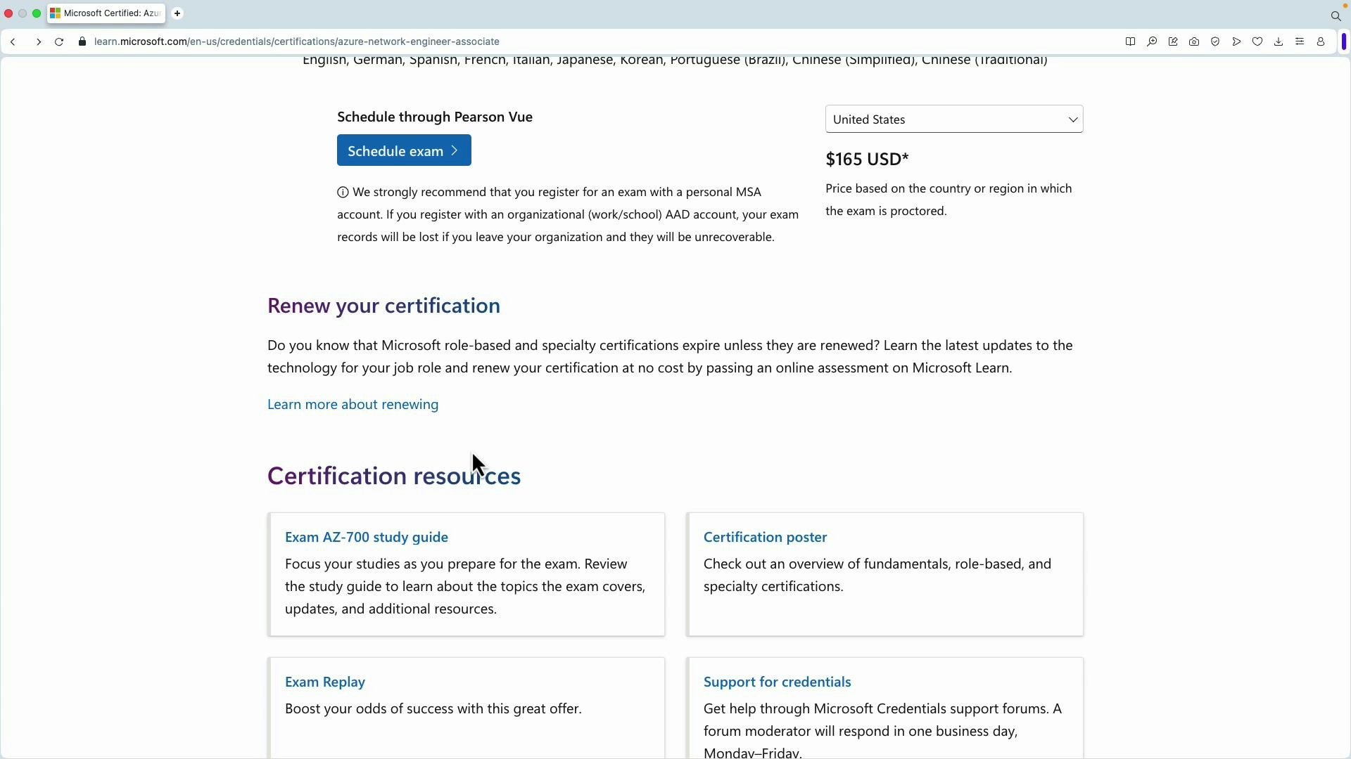 A screenshot of a Microsoft Learn certification webpage (Azure Network Engineer Associate) showing a "Schedule exam" button and the exam price ($165 USD). The page also displays sections titled "Renew your certification" and "Certification resources" with links to study guides and support.