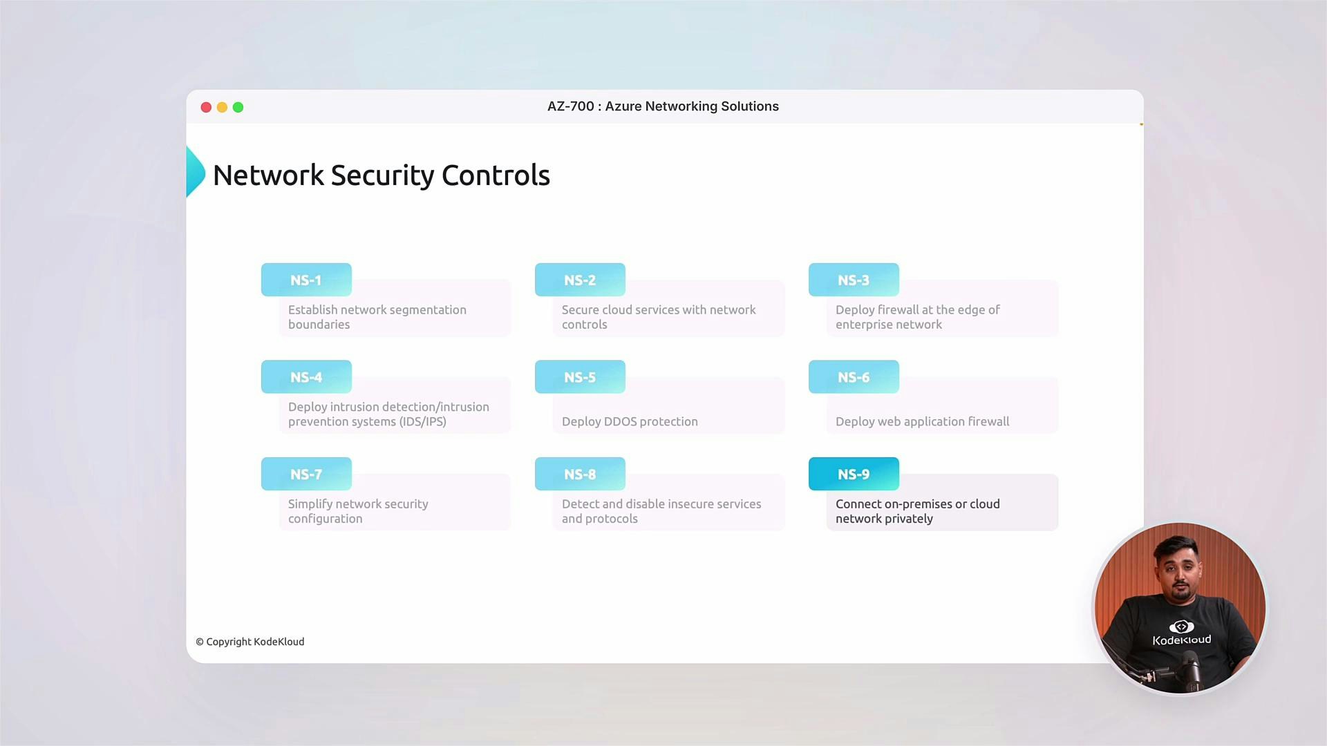 A presentation slide titled "Network Security Controls" showing nine numbered controls (NS-1 to NS-9) with brief descriptions. A small circular video thumbnail of a presenter appears in the bottom-right corner.