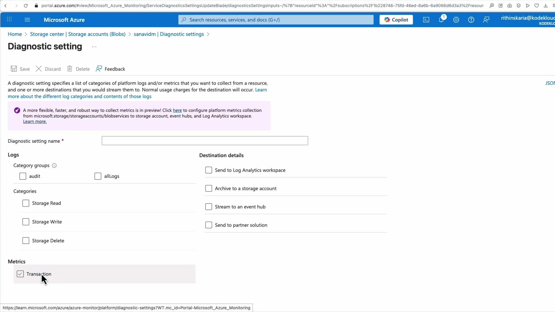 A screenshot of the Microsoft Azure portal showing the "Diagnostic setting" page for a storage account. It shows a field for the diagnostic setting name plus checkboxes for log categories (Storage Read/Write/Delete), a "Transaction" metric, and destination options like Log Analytics, storage account, event hub, or partner solution.