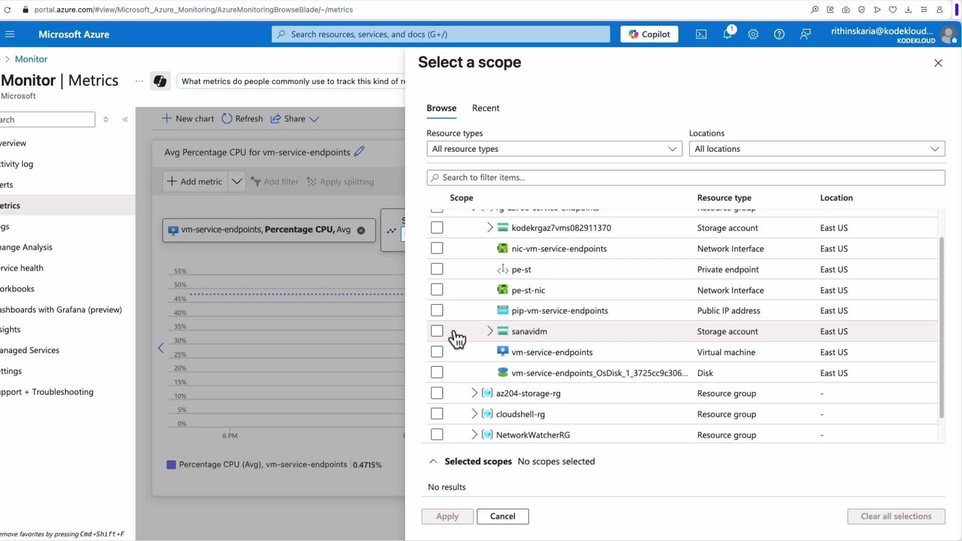 A screenshot of the Microsoft Azure portal showing the Monitor > Metrics page with an "Select a scope" dialog open listing resource names, resource types and locations. Behind the dialog is a chart for average Percentage CPU for a vm-service-endpoints resource.