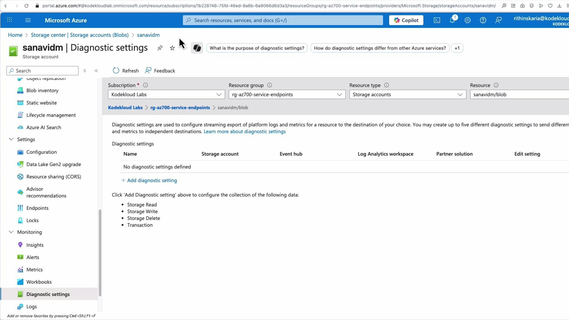 A screenshot of the Microsoft Azure portal showing the "Diagnostic settings" page for a storage account named "sanavidm." It shows no diagnostic settings defined and offers an "Add diagnostic setting" option with details about storage read/write/delete and transaction logs.
