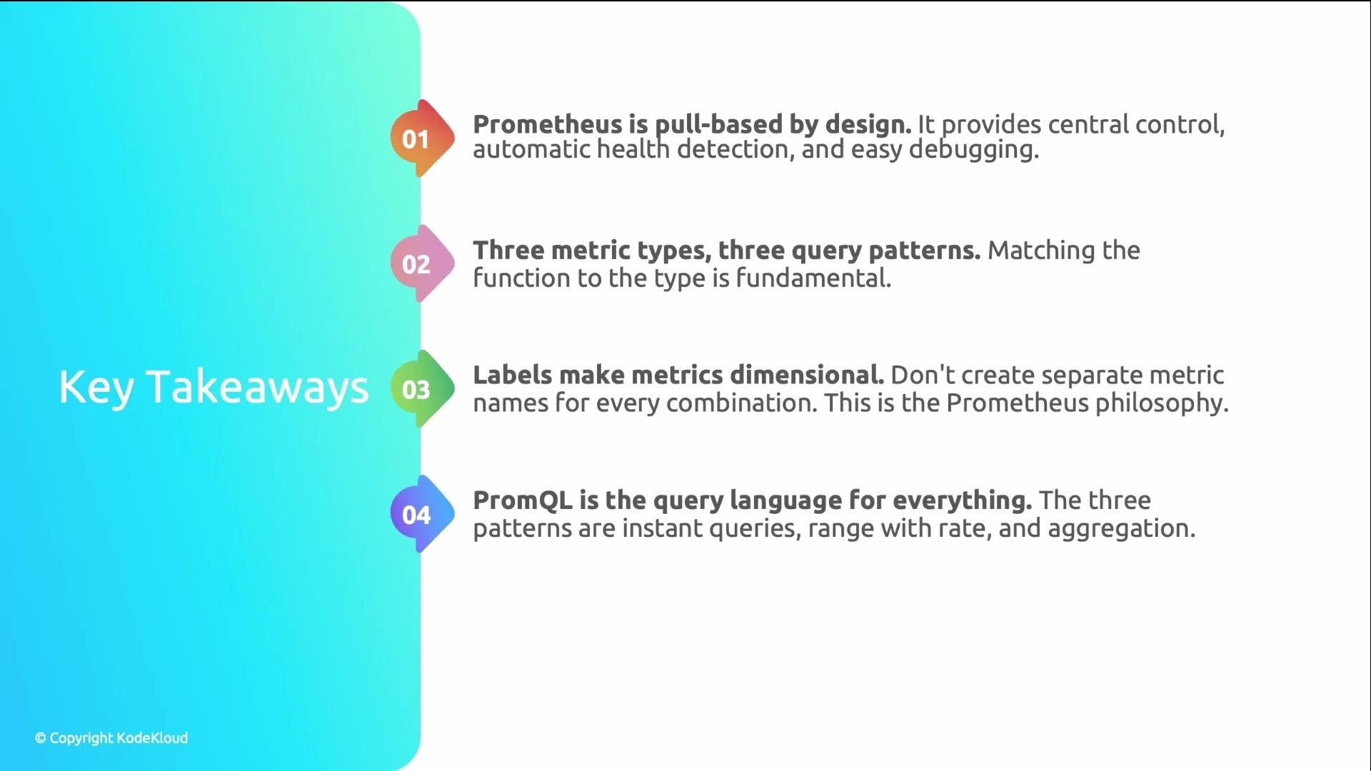 The image outlines four key takeaways about Prometheus: its pull-based design, metric types and query patterns, the importance of labels for metrics, and the use of PromQL as a query language.