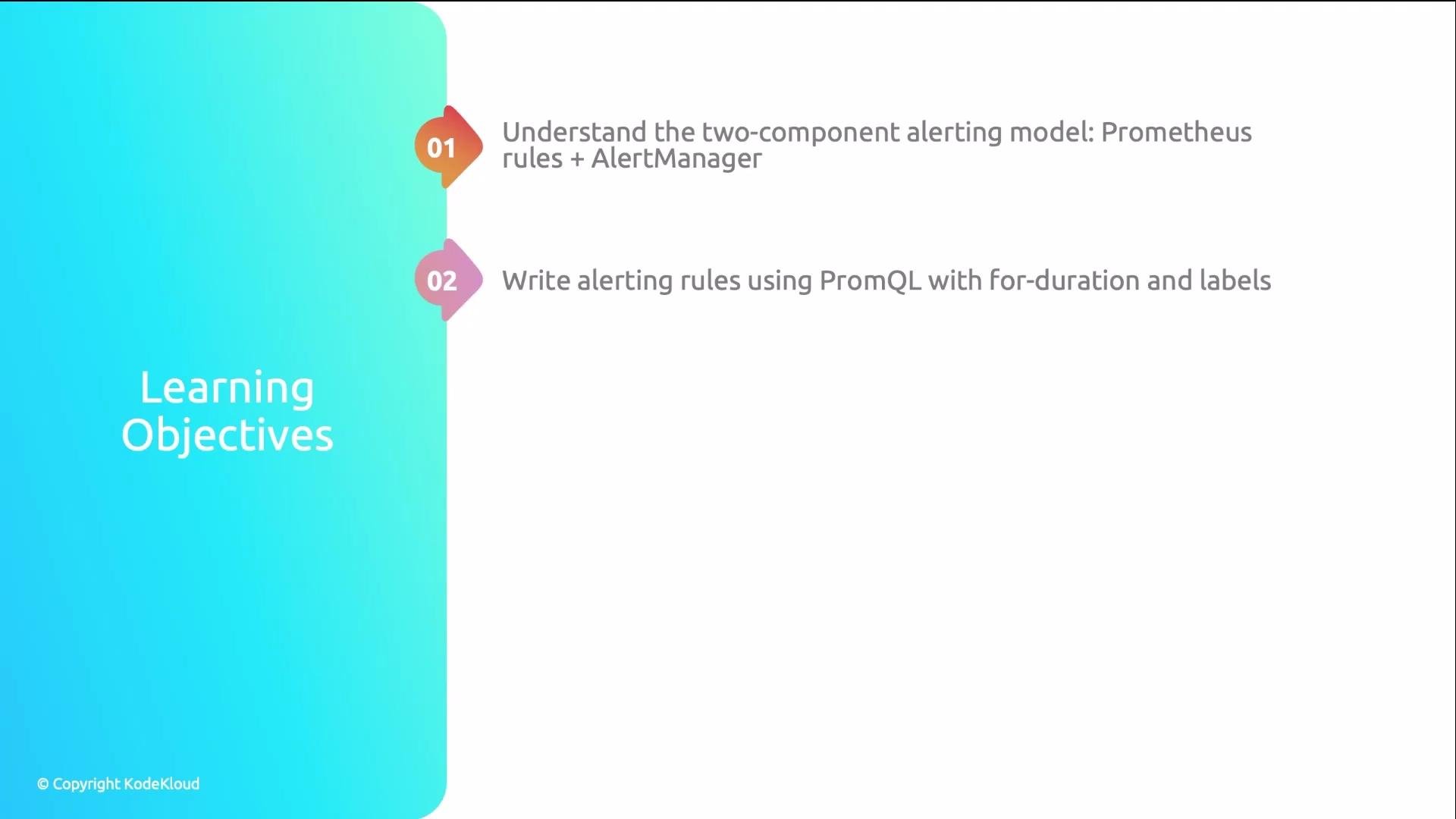 The image shows learning objectives related to alerting in Prometheus, focusing on understanding the alerting model and writing alerting rules using PromQL.