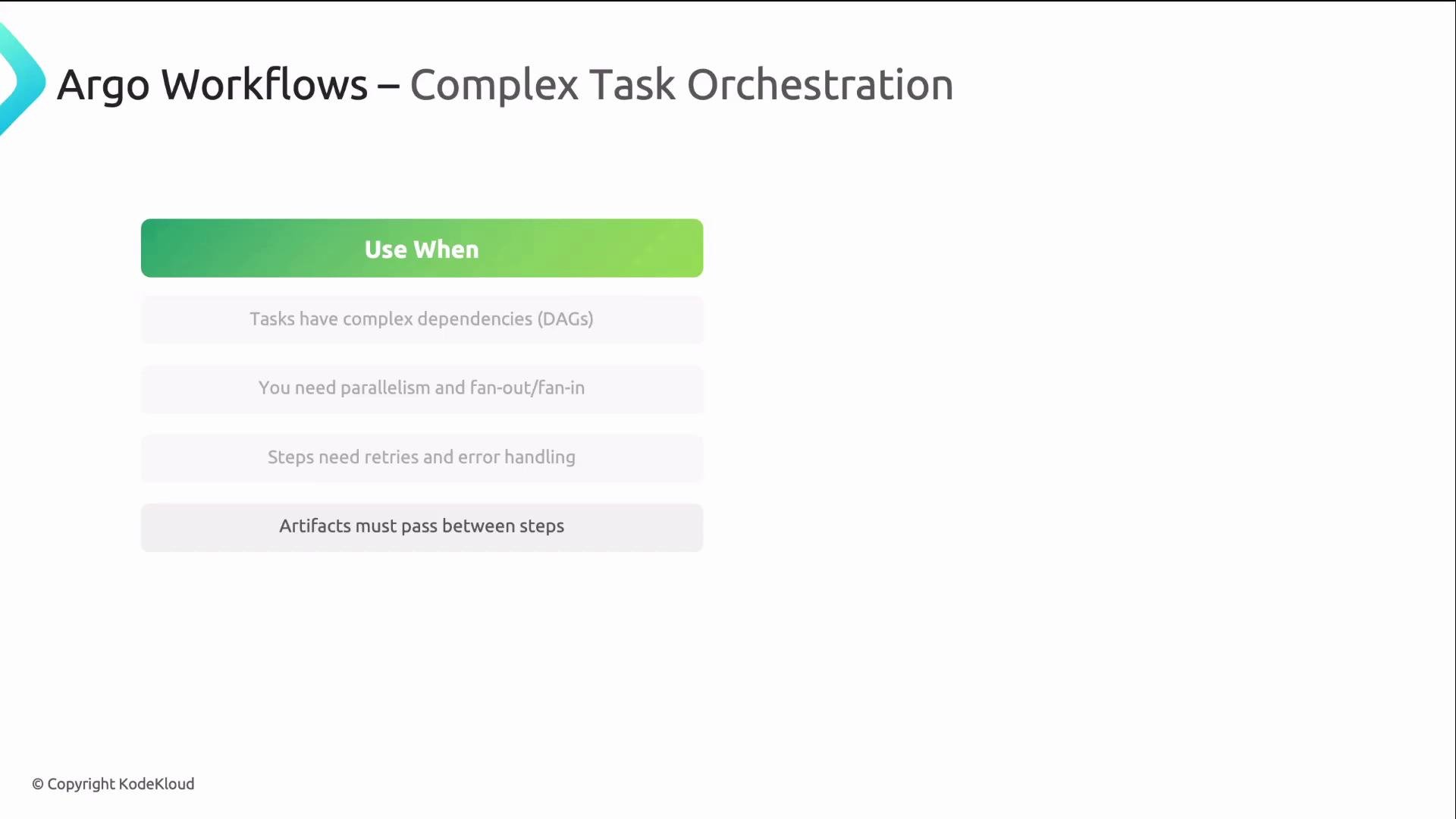 The image is a slide titled "Argo Workflows – Complex Task Orchestration," listing scenarios when to use it, such as task dependencies, parallelism, retries, and handling artifacts.