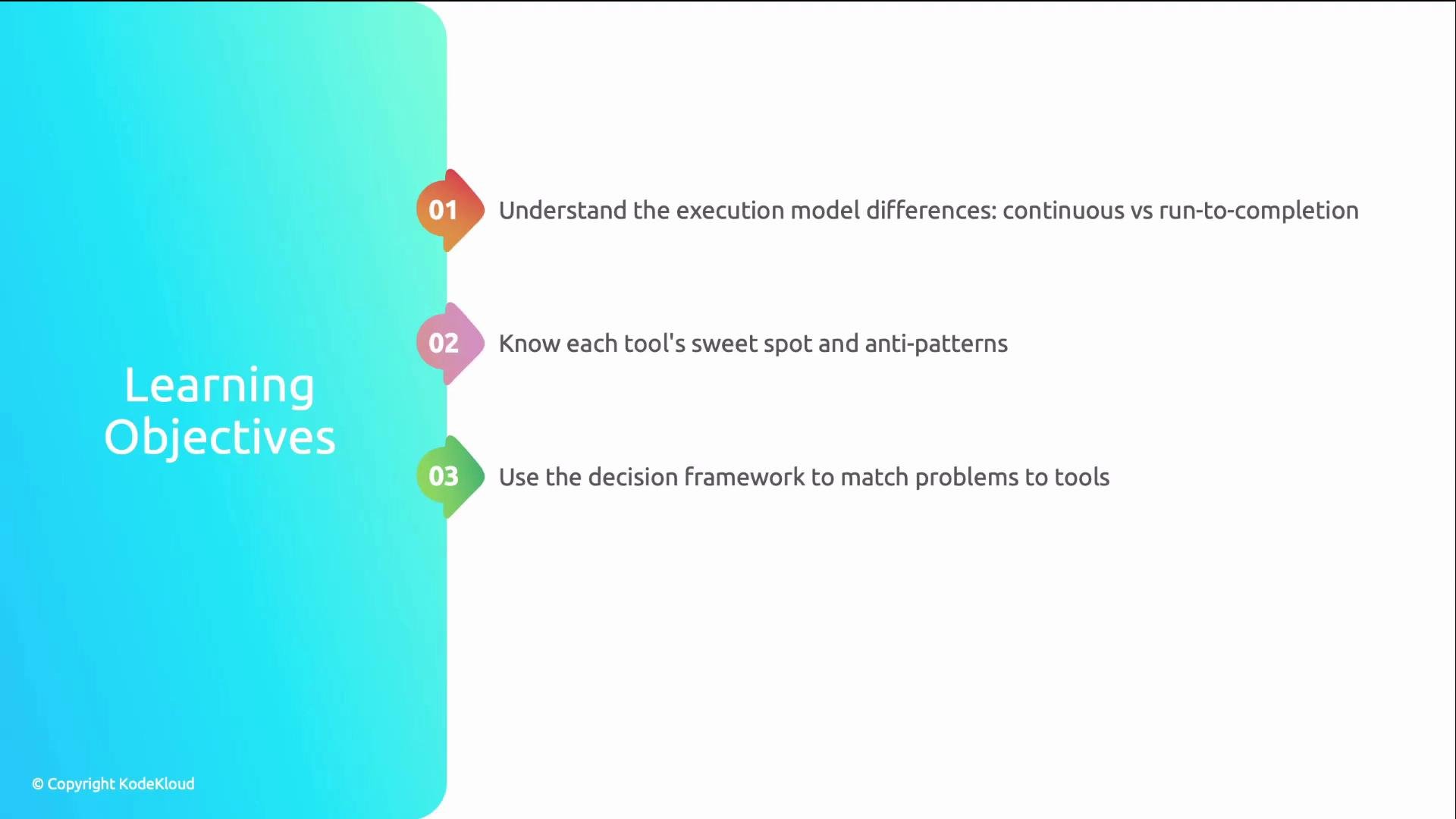 The image outlines three learning objectives related to execution model differences, tool sweet spots and anti-patterns, and using a decision framework. It features a colorful design with numbered bullet points.