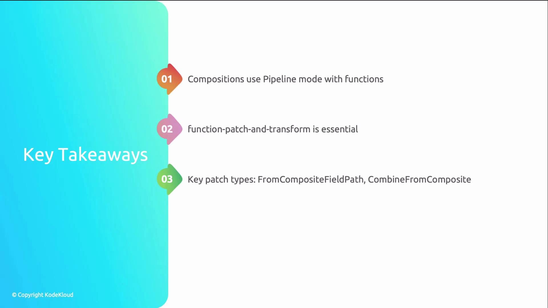 The image is a presentation slide titled "Key Takeaways," summarizing points about compositional functions and key patch types. It uses a colorful gradient design and bullet points numbered 01 to 03.