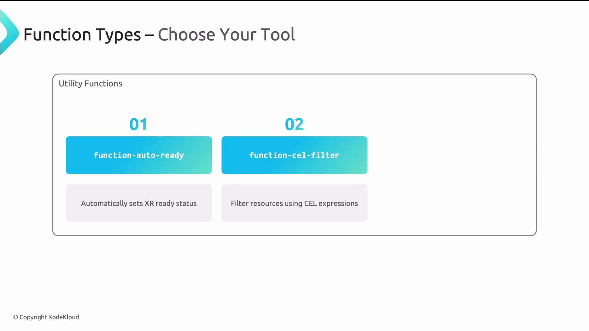 The image shows two utility function types, "function-auto-ready" for automatically setting XR ready status and "function-cel-filter" for filtering resources using CEL expressions.