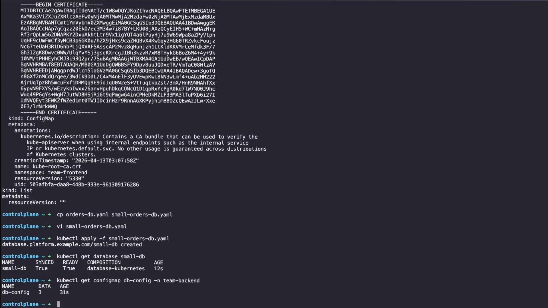 The image shows a terminal window displaying Kubernetes commands and configurations, including a certificate block and the setup for config maps and databases.