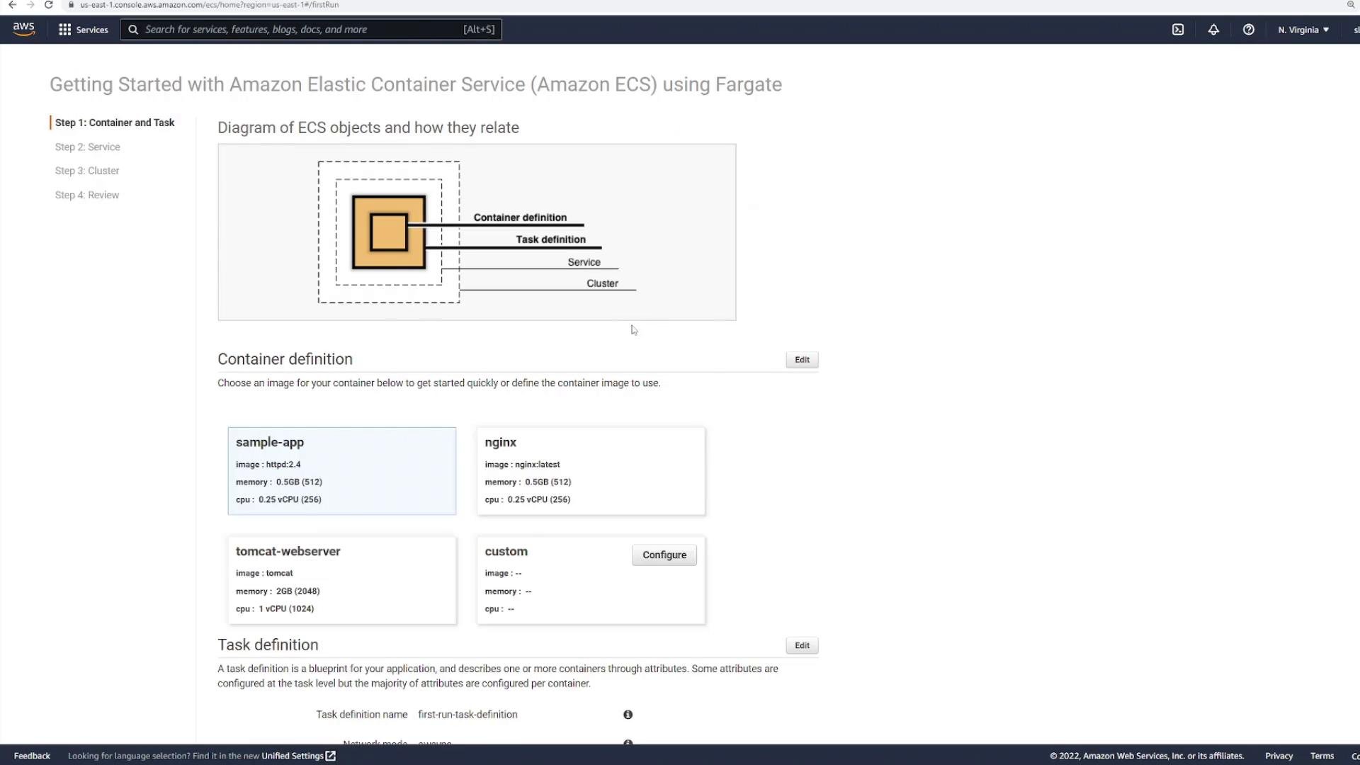 A screenshot of the AWS console for "Getting Started with Amazon Elastic Container Service (Amazon ECS) using Fargate," showing a diagram of ECS objects and a "Container definition" section. Several container options are listed (sample-app, nginx, tomcat-webserver, custom).