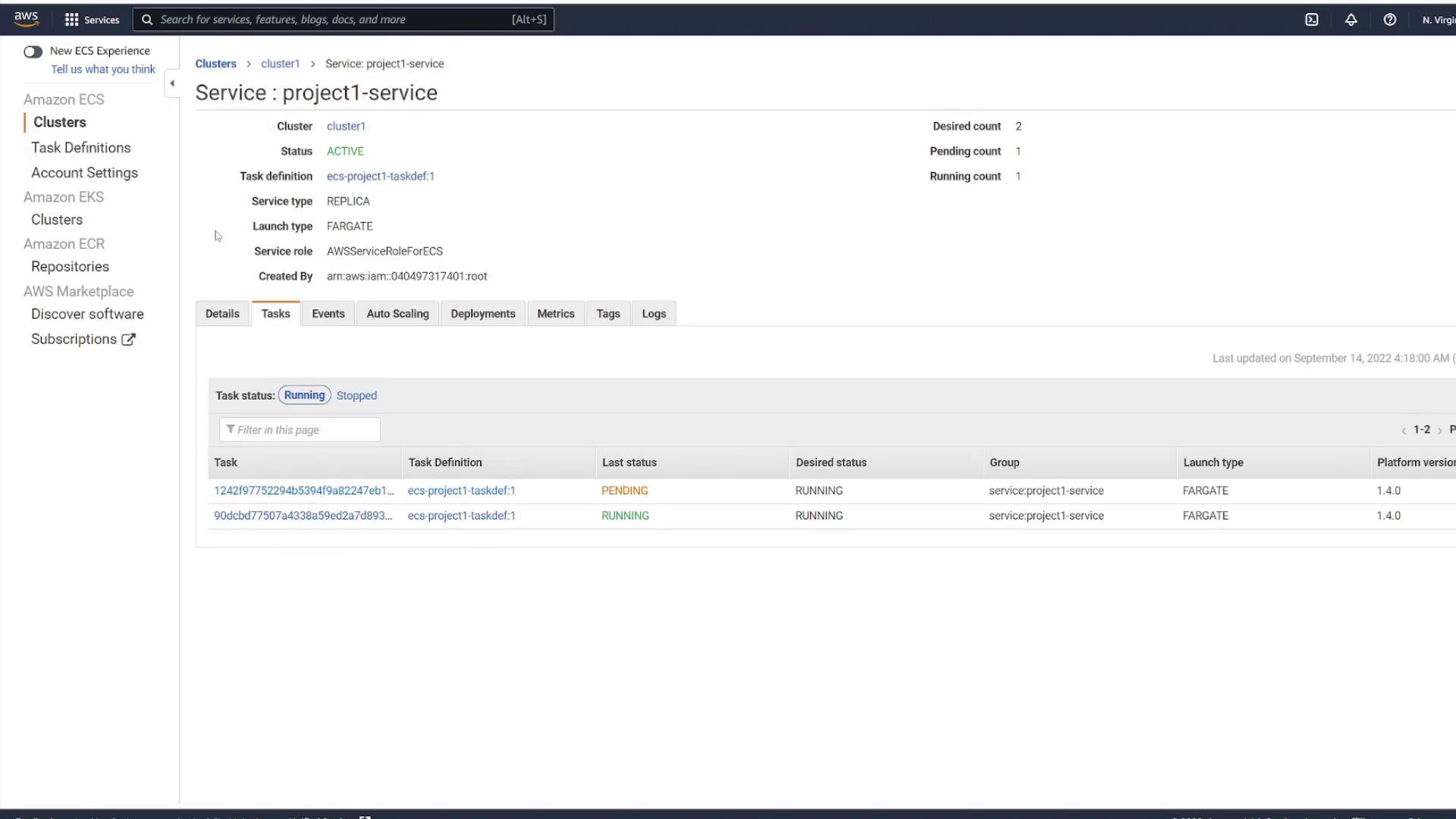A screenshot of the AWS ECS console showing the "project1-service" service details for cluster1 (status ACTIVE) with desired count 2. The tasks table shows one task RUNNING and one PENDING under the FARGATE launch type.