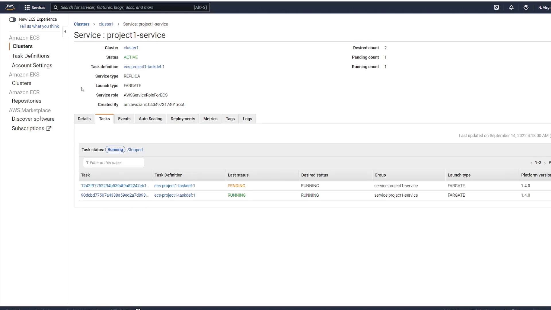 A screenshot of the AWS ECS console showing the "project1-service" service details for cluster1 (status ACTIVE) with desired count 2. The tasks table shows one task RUNNING and one PENDING under the FARGATE launch type.
