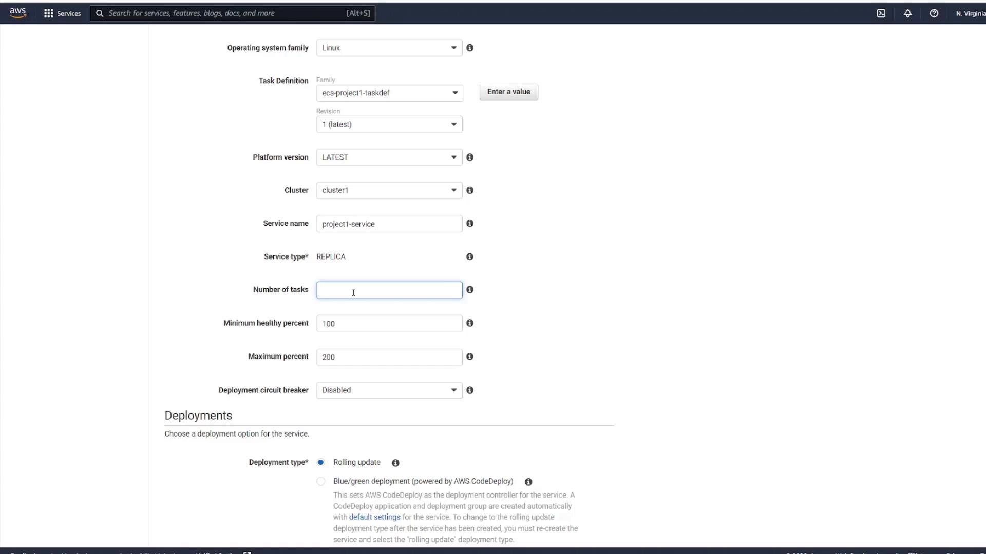 A screenshot of the AWS web console showing an ECS service configuration form with fields like Operating system family, Task Definition, Cluster, Service name, Number of tasks, and deployment options.