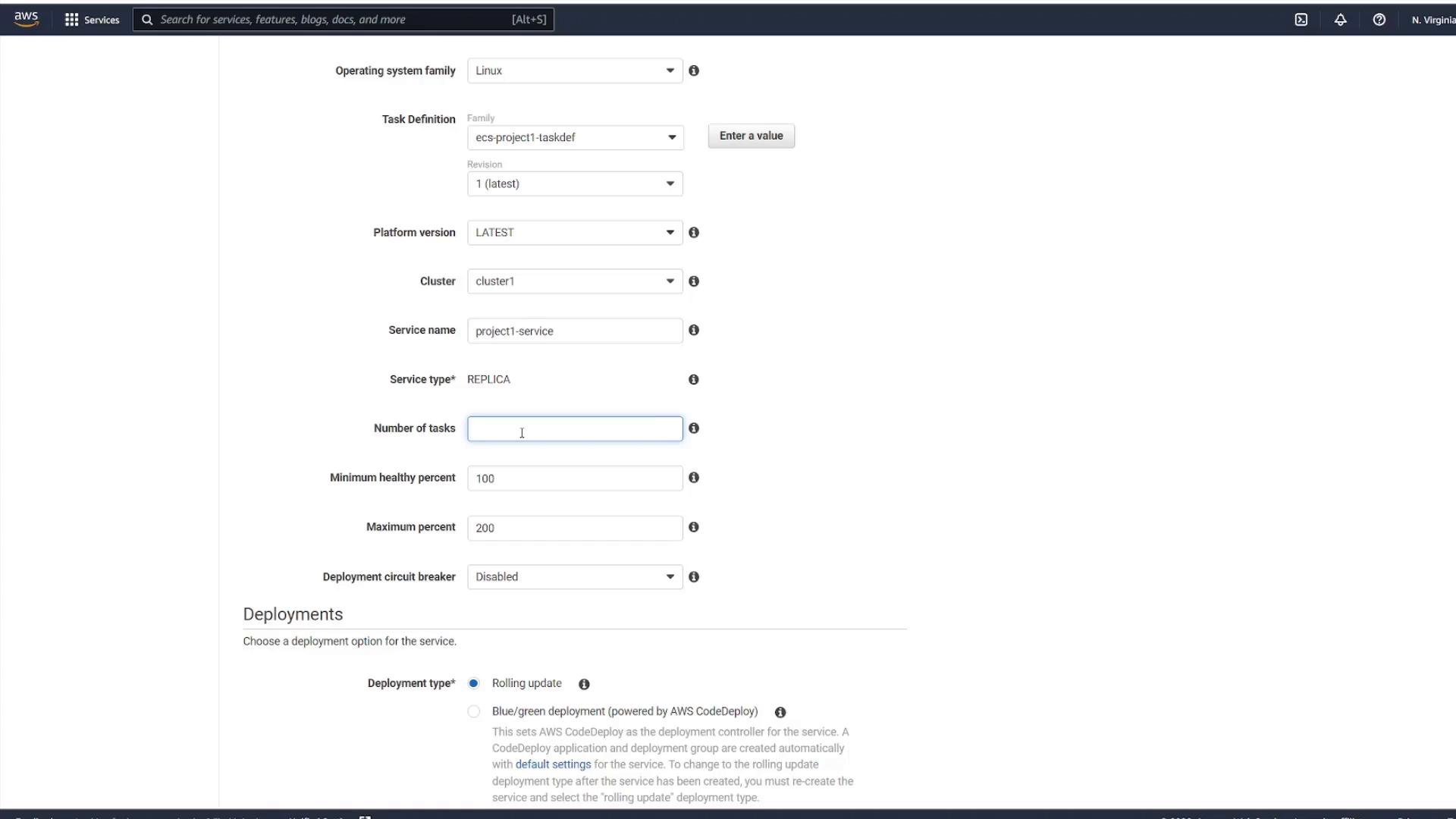A screenshot of the AWS web console showing an ECS service configuration form with fields like Operating system family, Task Definition, Cluster, Service name, Number of tasks, and deployment options.