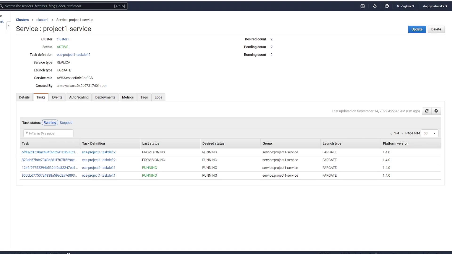 A screenshot of an AWS ECS service details page for "project1-service." It shows cluster and task definition info plus a table of FARGATE tasks with statuses like PROVISIONING and RUNNING.
