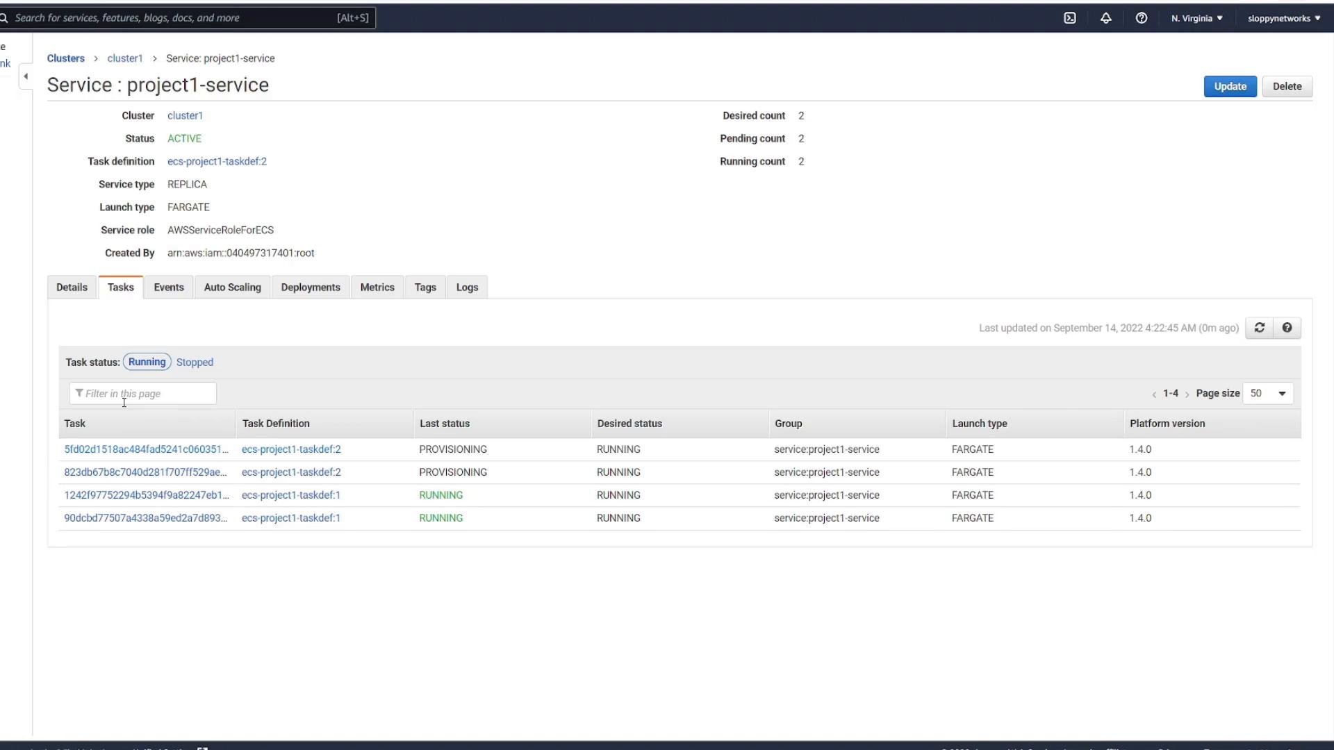 A screenshot of an AWS ECS service details page for "project1-service." It shows cluster and task definition info plus a table of FARGATE tasks with statuses like PROVISIONING and RUNNING.
