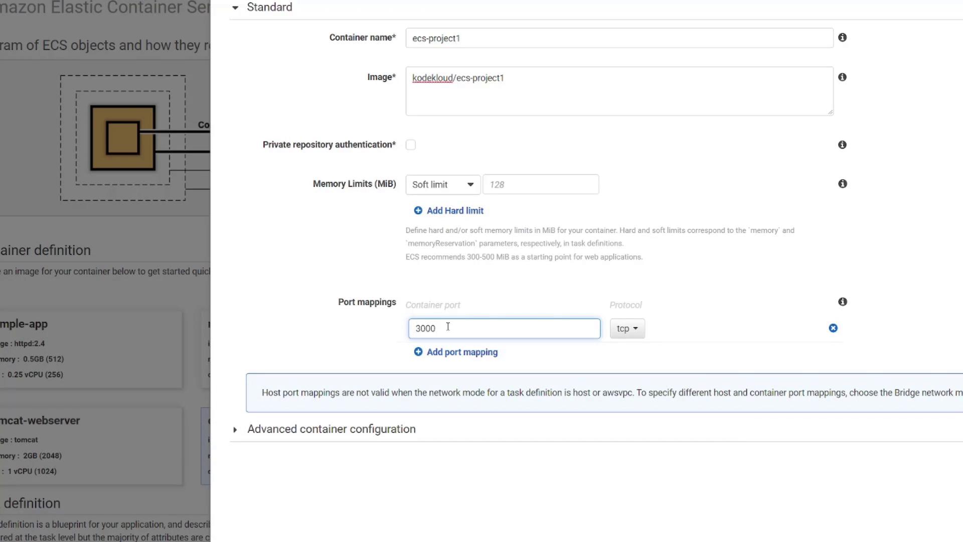 A screenshot of the AWS Elastic Container Service task definition UI showing container settings (container name, image, memory limits) and a port mapping with container port 3000 set to TCP. The left side shows a faint diagram and example container cards.