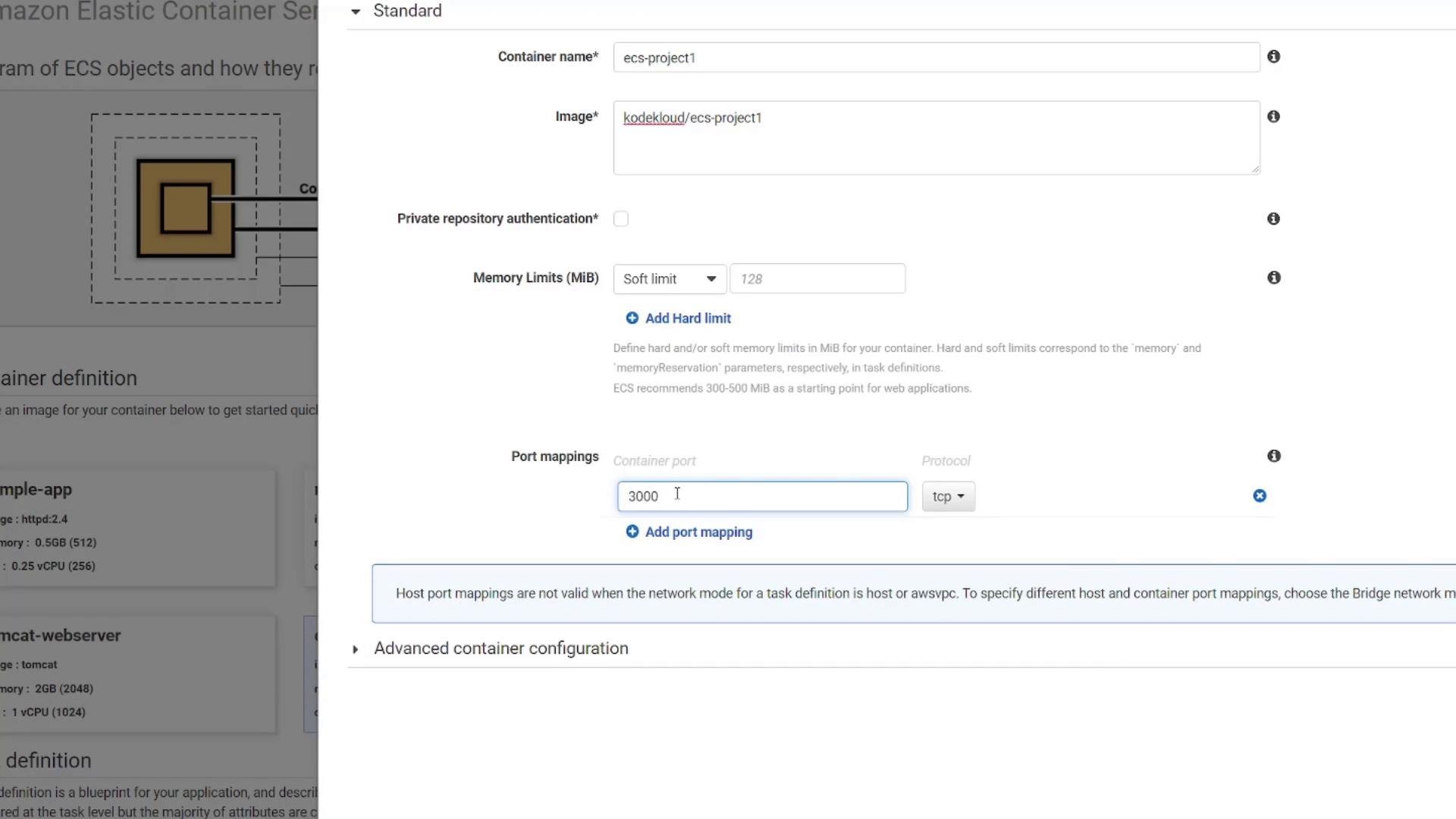 A screenshot of the AWS Elastic Container Service task definition UI showing container settings (container name, image, memory limits) and a port mapping with container port 3000 set to TCP. The left side shows a faint diagram and example container cards.