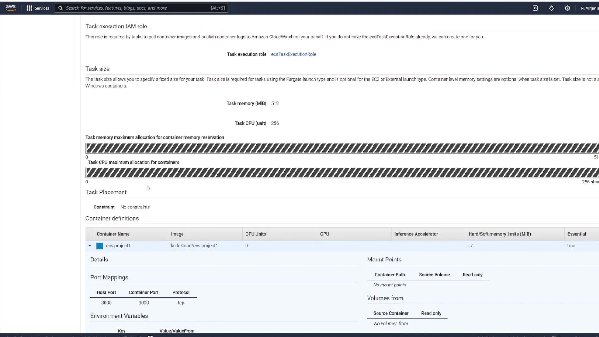 A screenshot of the AWS Management Console showing an ECS task definition page with task execution IAM role, task memory/CPU sliders, and resource allocation bars. The Container definitions section lists a container named "ecs-project1" with a host/container port mapping of 3000 (TCP).