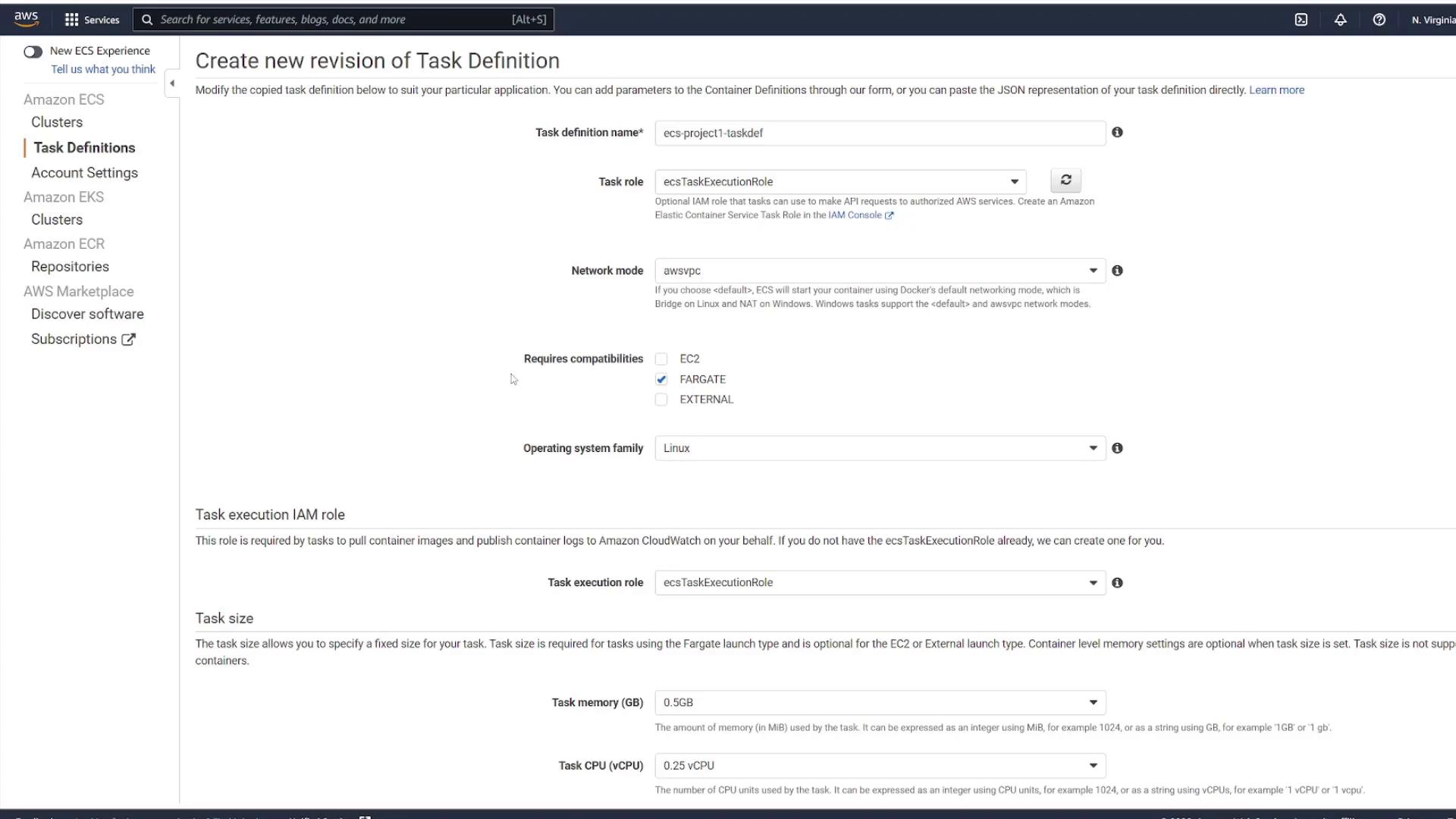 A screenshot of the AWS Management Console showing the "Create new revision of Task Definition" page for Amazon ECS, with fields for task definition name, task role, network mode (awsvpc), and FARGATE selected. The lower section shows task execution IAM role and task size settings (memory and CPU).