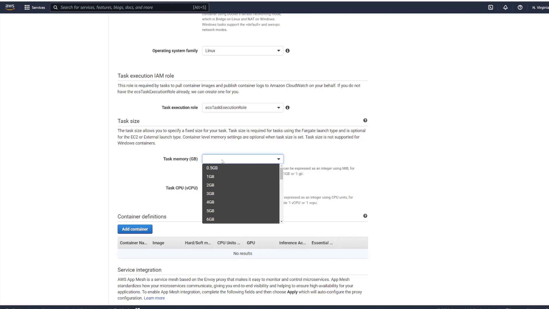 A screenshot of the AWS Management Console (ECS task definition) showing the "Task execution IAM role" and "Task size" sections. The Task memory dropdown is expanded with memory options visible and an "Add container" button below.