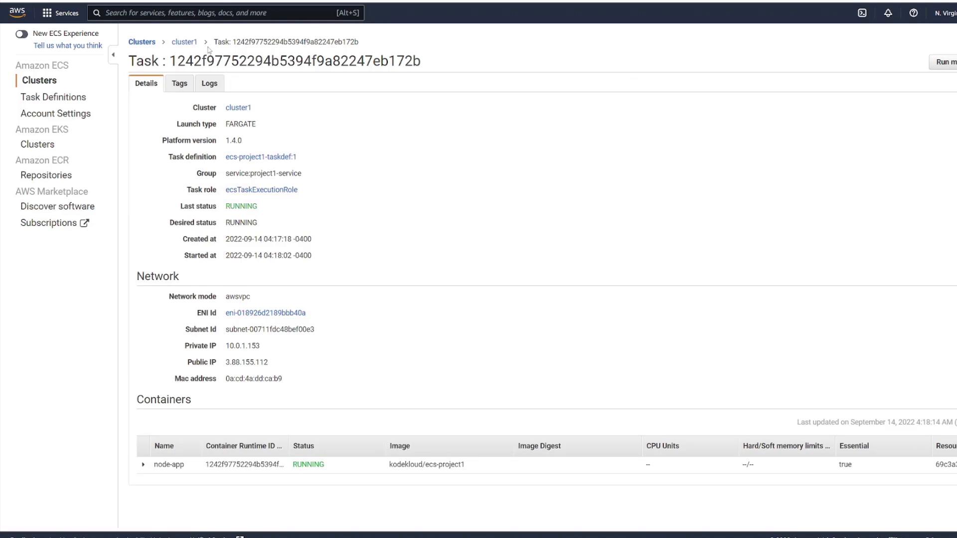 A screenshot of the Amazon ECS console showing details for a Fargate task (cluster "cluster1") with status RUNNING and a listed container named "node-app." The page displays task metadata and network info such as platform version, task definition, ENI/subnet, and IP addresses.
