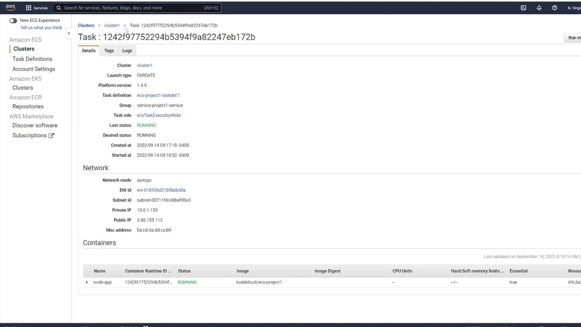 A screenshot of the Amazon ECS console showing details for a Fargate task (cluster "cluster1") with status RUNNING and a listed container named "node-app." The page displays task metadata and network info such as platform version, task definition, ENI/subnet, and IP addresses.