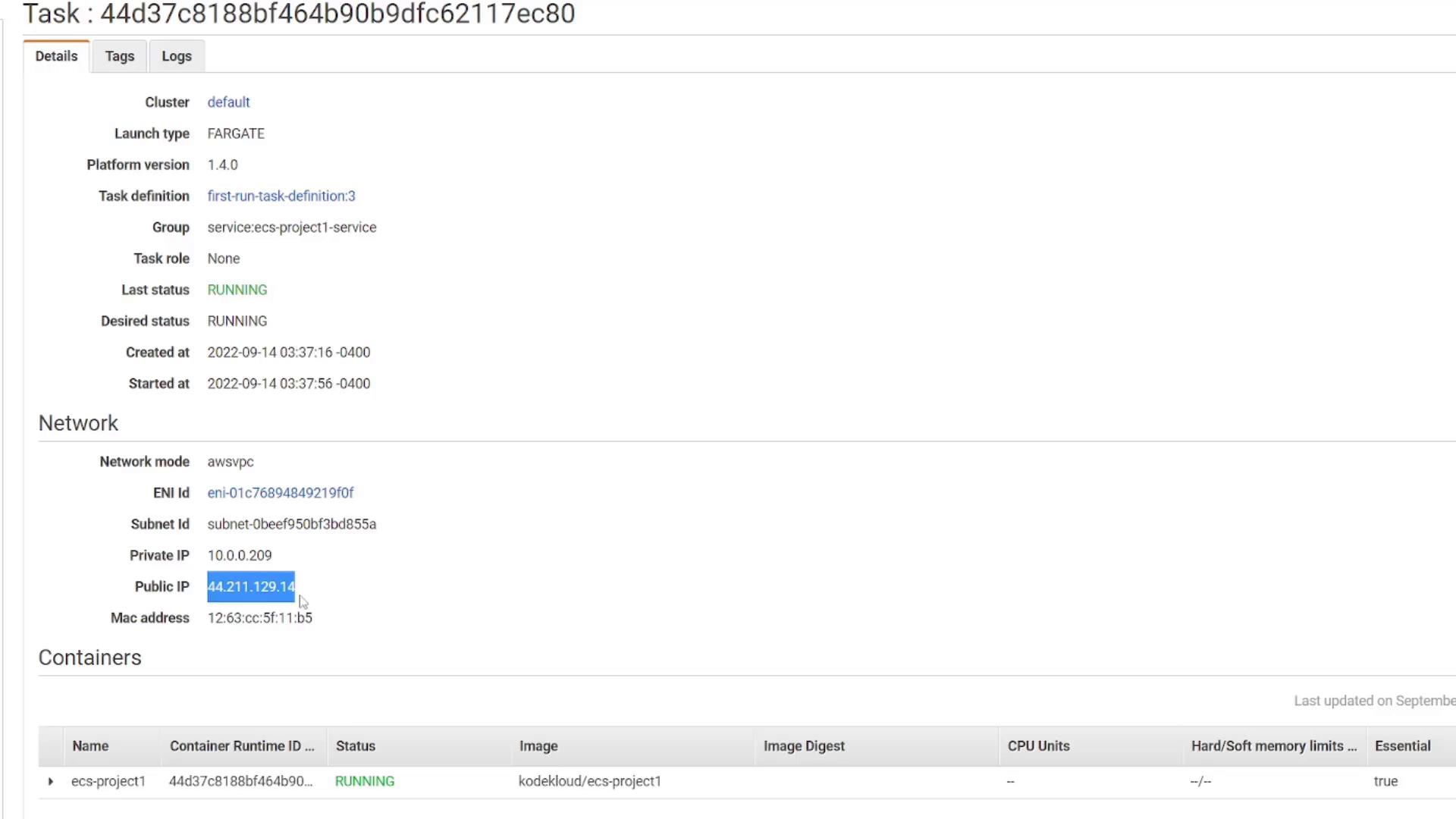 A screenshot of an Amazon ECS task details page showing a FARGATE task with status "RUNNING." The Network section is visible with private/public IP and ENI information, and a containers list showing a running container named ecs-project1.
