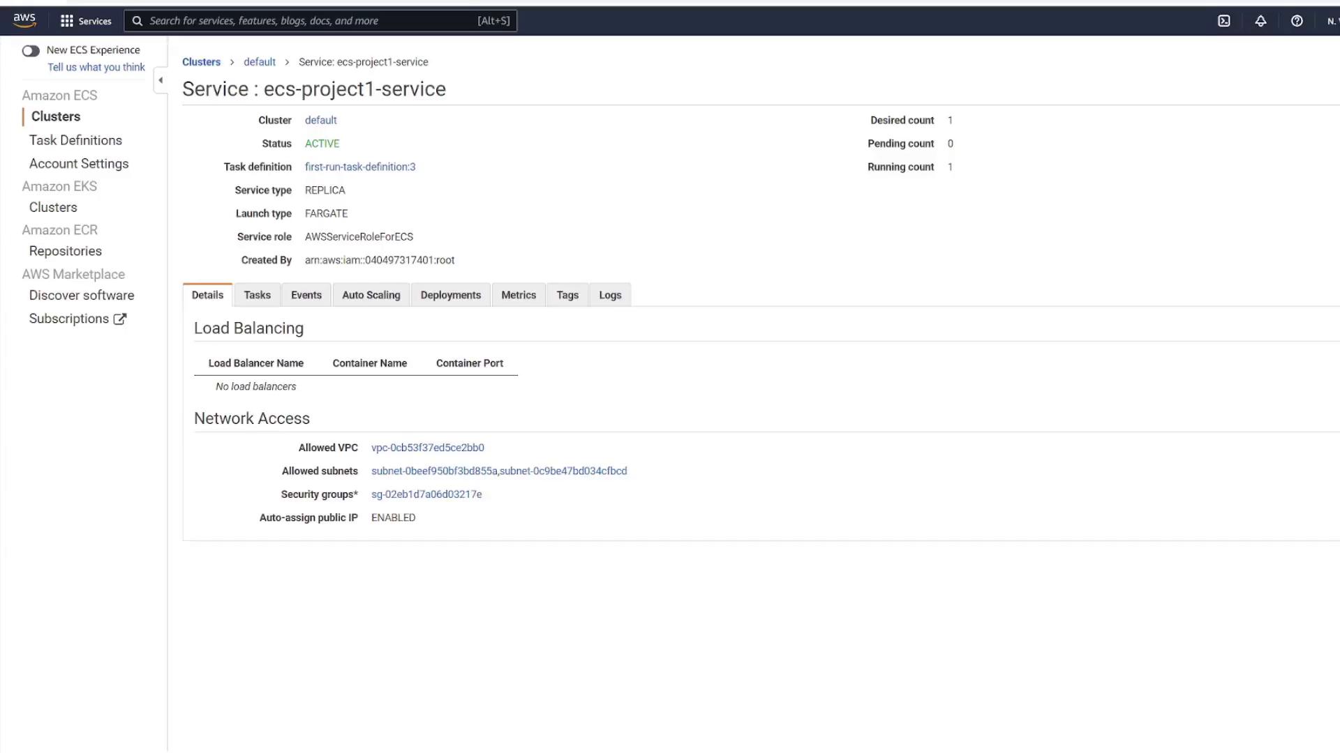 A screenshot of the Amazon ECS console showing service "ecs-project1-service" in the "default" cluster with status ACTIVE, FARGATE launch type, and desired/running count 1. The page also shows task definition, no load balancers, and network access details (VPC, subnets, security group).
