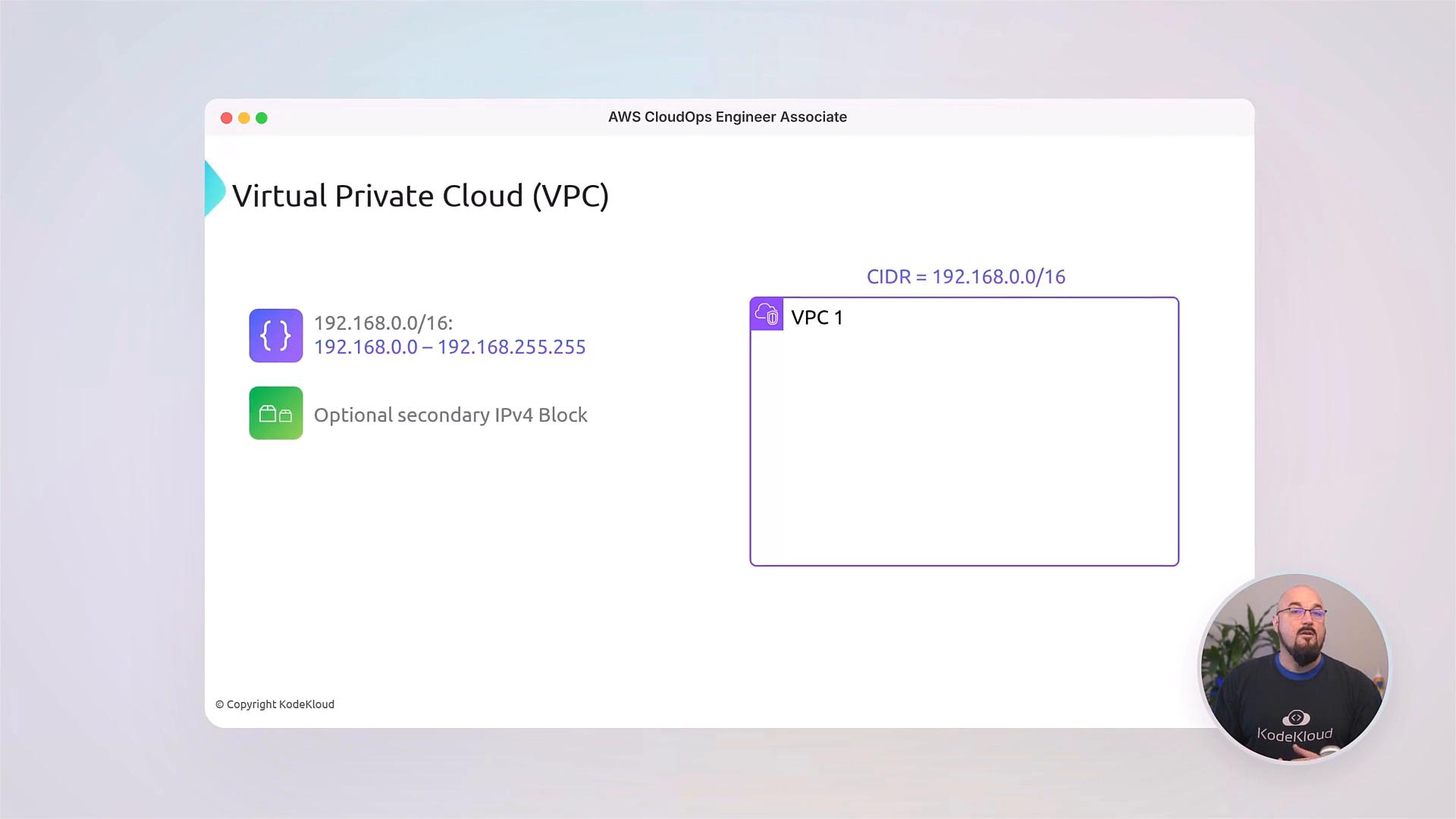 A slide titled "Virtual Private Cloud (VPC)" showing a VPC diagram with CIDR 192.168.0.0/16 and address range 192.168.0.0–192.168.255.255, plus an optional secondary IPv4 block icon. A small circular video of the presenter appears in the bottom-right corner.
