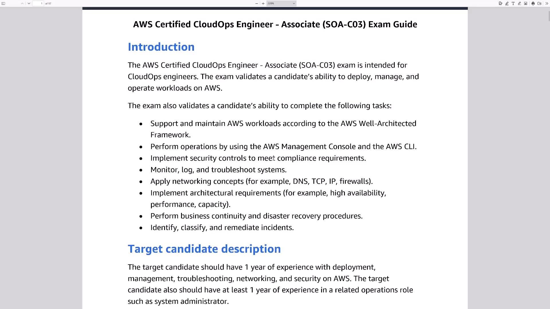A PDF page titled "AWS Certified CloudOps Engineer - Associate (SOA-C03) Exam Guide" with an "Introduction" heading. It shows bullet-point exam objectives (supporting AWS workloads, using the console/CLI, security, monitoring, networking, disaster recovery, etc.) and the start of a "Target candidate description" section.