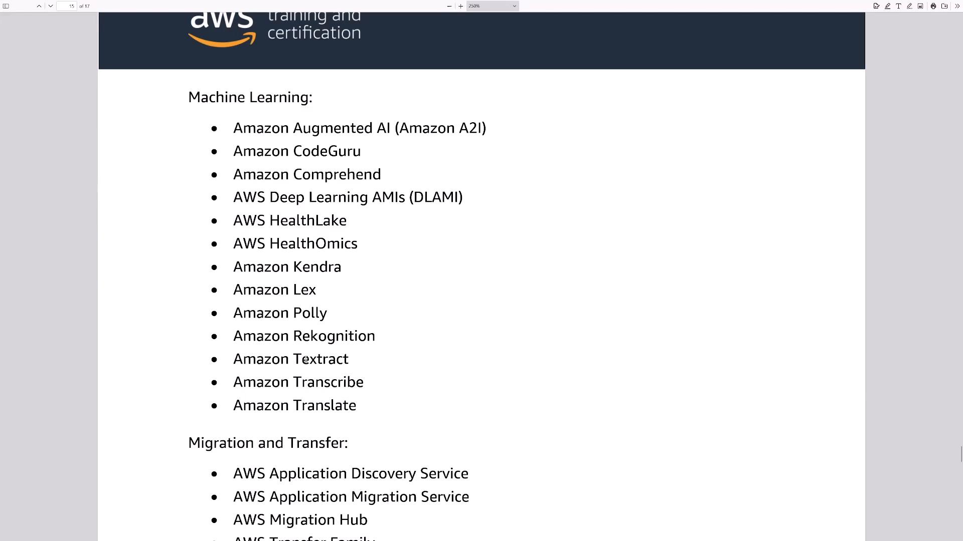 A screenshot of an AWS Training and Certification document listing Machine Learning services (e.g., Amazon Augmented AI, CodeGuru, Comprehend, Rekognition, Textract, Transcribe, Translate). The bottom shows the heading for a "Migration and Transfer" section with related services.
