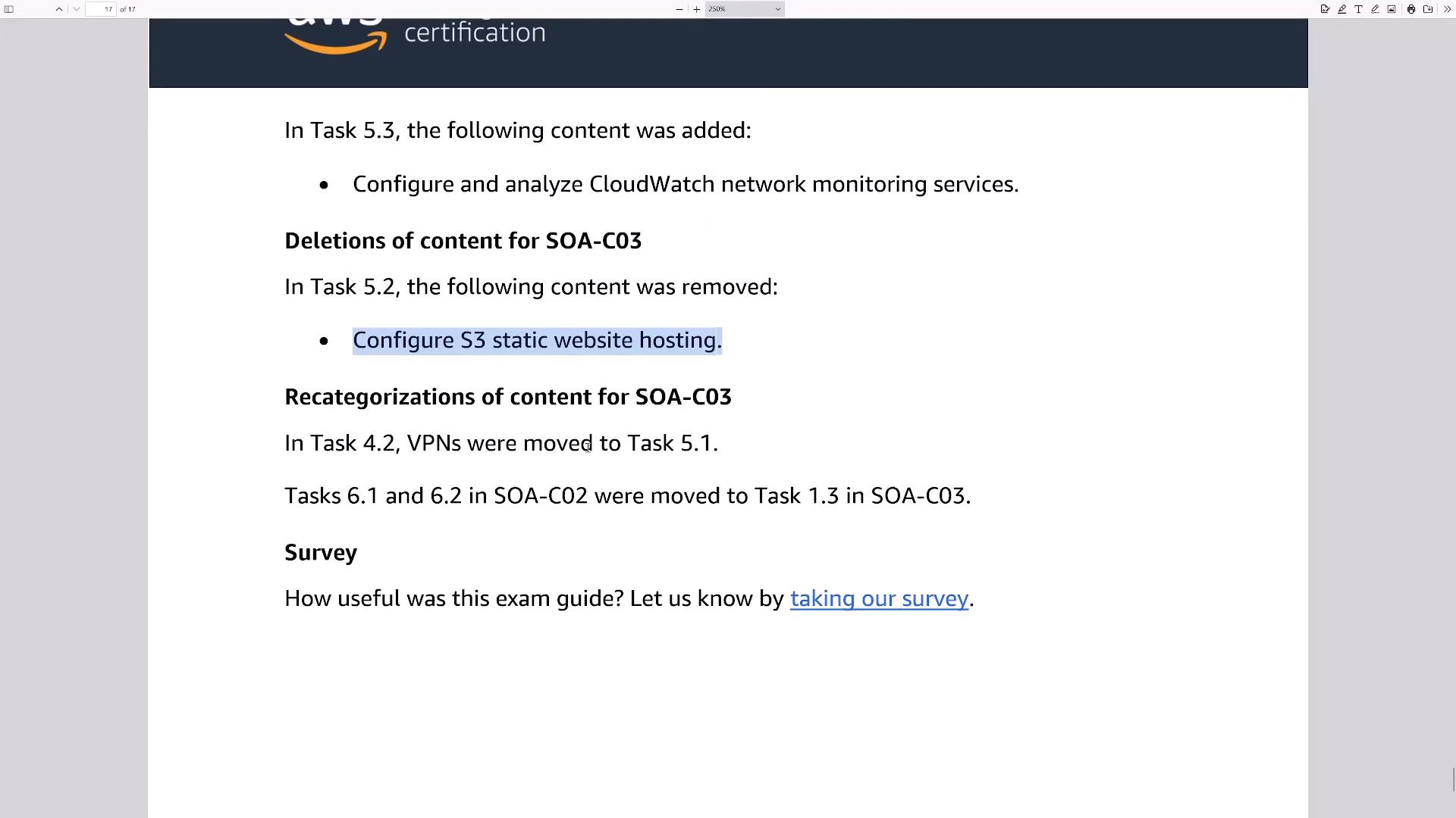 A document page showing a comparison table between SOA‑C02 and SOA‑C03 domains and tasks, with notes about added and removed tasks.