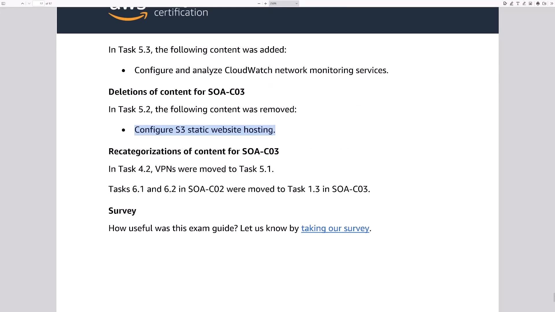 A document page showing a comparison table between SOA‑C02 and SOA‑C03 domains and tasks, with notes about added and removed tasks.