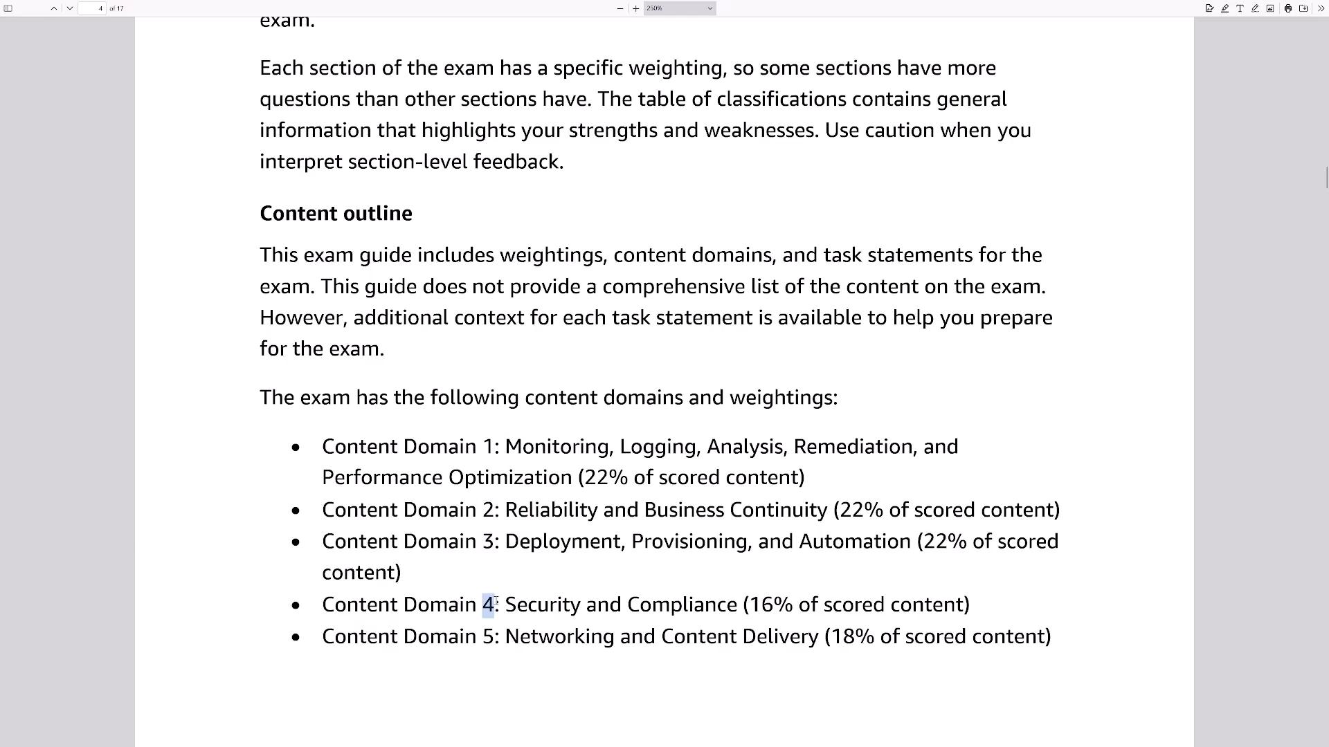 A screenshot of a PDF exam guide page titled "Content outline" showing paragraphs about exam weightings and a bulleted list of content domains with their percentage weightings (Monitoring, Reliability, Deployment, Security, Networking, etc.).