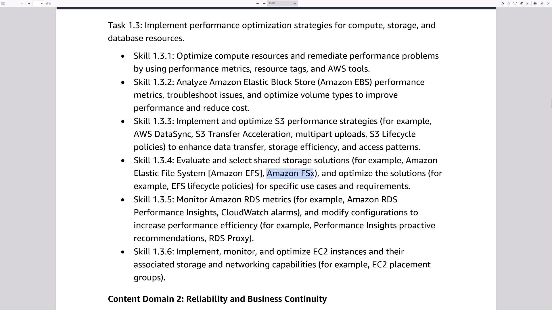 A screenshot of a document showing "Task 1.3: Implement performance optimization strategies for compute, storage, and database resources." It lists bullet-pointed skills (1.3.1–1.3.6) describing optimization tasks for compute, EBS, S3, shared storage (EFS/FSx), RDS, and EC2.